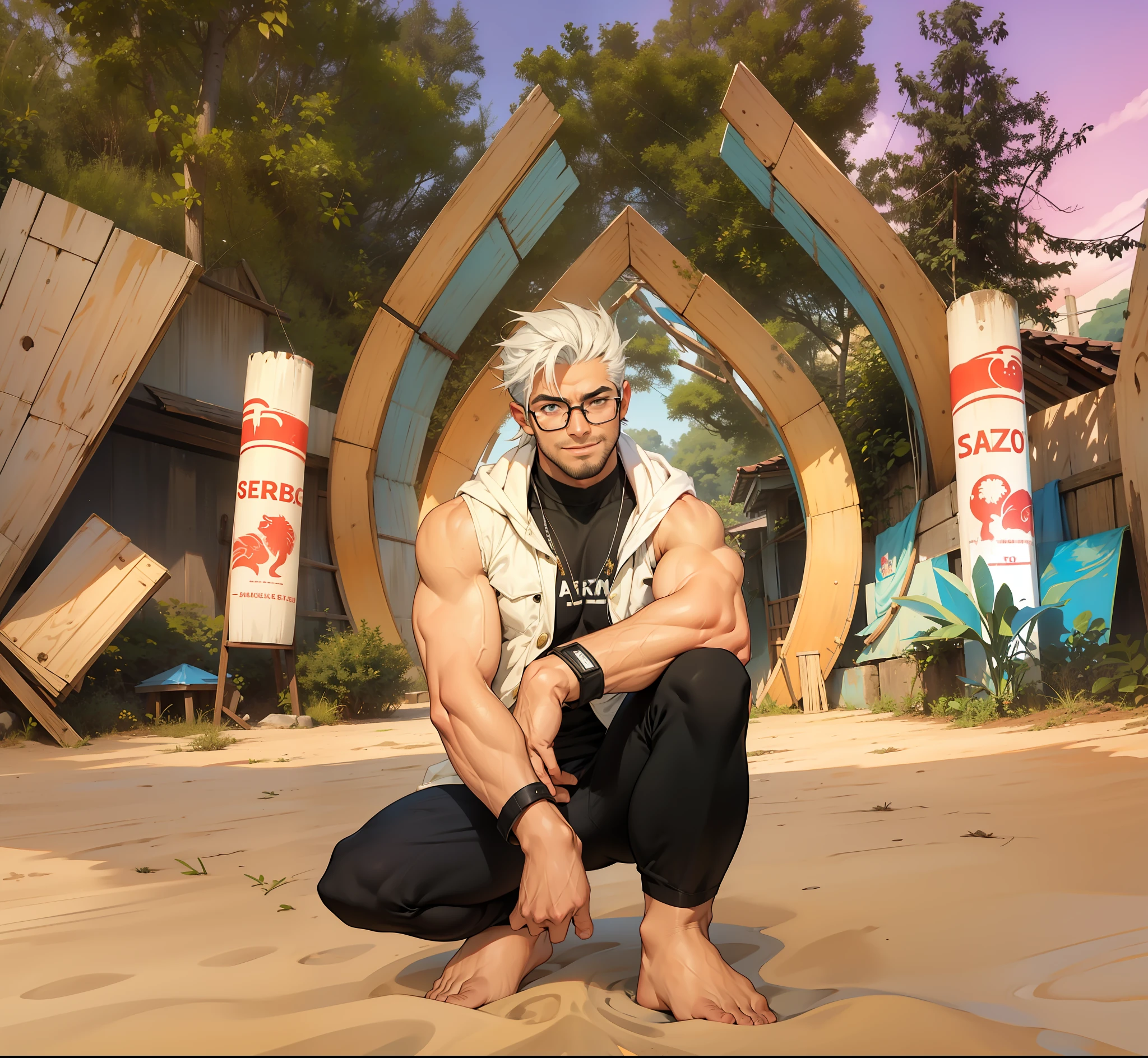 1 homem, jovem homem de meia-idade, sorrisos, solo, pele branca, muscular, homem musculoso, alto, hunk, large biceps, abdominais, ombro largo, peito aberto, cabelo facial, cabelo curto branco, eyeglass, colar, corpo molhado, cabelo molhado, sem camisa, hand in waist pose, white swim trunks, espectador olhando, alta resolução: 1.2, melhor qualidade, tiro da parte superior do corpo, estilo plano, Blue sky and pool background, low camera angle, volumeric lighting, profundidade de campo, sombra