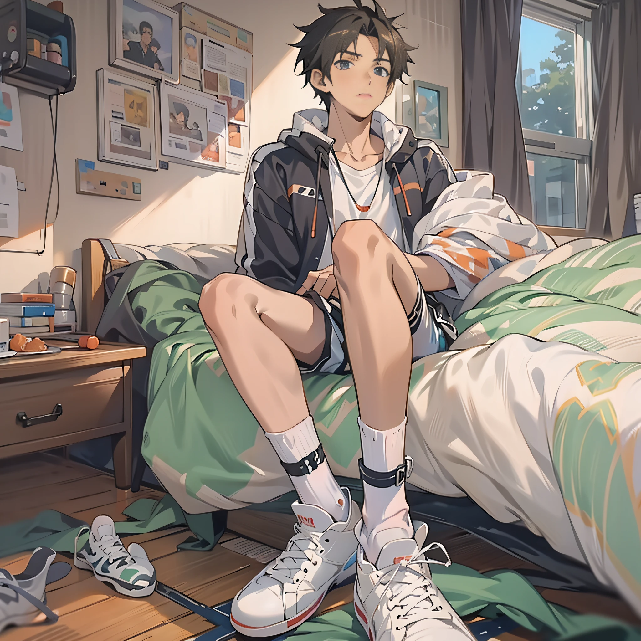 Tight shorts for the lower body,Long white socks and high-top board shoes,Abs,European and American boys,Anime boys,Handsome,adolable,White and tender,Handsome,Lie down in bed