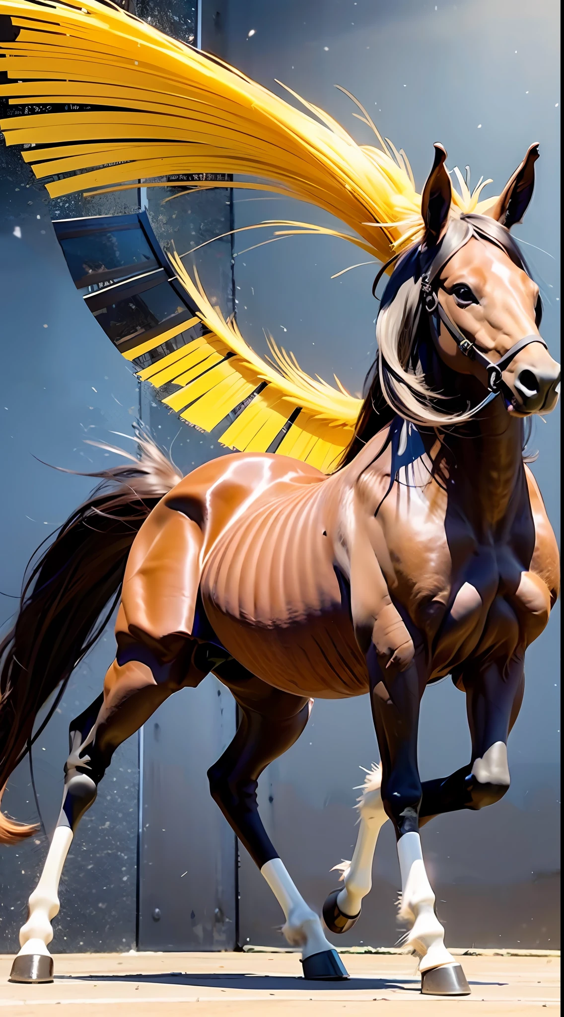 A female centaur,She is famous in the multiverse,She is both a female centaur, half human, half horse, half horse,It is also a female Yingzhao,Her image blends,The head, neck and shoulders of the horse are transformed into beautiful female humans, females, half-centaurs, half-horses, half-humans, half-humans, and human human upper bodies,and a chimera of a female half-horse with a beauty in the female body of the horse's belly,It's like a female human wearing a half-horse-like costume and making a seamless chimera,This chimerization is based on powerful futuristic technology。The ultra-wide-angle lens captures the image of her sleek and ethereal wings charging and leaping on the ionosphere。Her front half is a tall, sexy body with obvious feminine characteristics,Has K cup teardrop-shaped giant tit chest,Small man-waisted butterflies span long legs,The half-horse of the back half of the body is embedded in the front half of the body at the hip position,The horse-shaped half-horse torso form of the back half of the body is completely female and humanized,From the upper end of the sternum, the sexy bent dog style shape of the chest cavity embedded in the lower back position of the beauty body is placed transversely,Then there are the sexy beauty's horizontal waist and abdomen and straight hips,Her entire body has been completely feminized,Includes the half-horse part of the hind body,Mechanized armor covers the knee-shaped anti-joints and feet,And these parts are highly anthropomorphic,This gives her legs a graceful and slender line,She has four slender legs like a supermodel,Under the legs are skinny white feet dressed in Skyscraper Heels,Use Midjourney's advanced stroke tools and color palettes, as well as texture packs, model packs, and texture tools,Concentration,Femaleize all parts of her original equine physiologic appearance,And give these parts an ergonomic appearance,Finely treat the details of tight connections on the structure of the chest, abdominal cavity a