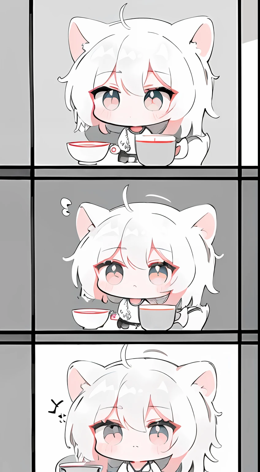 In a cup、monochromes、grayscales、Straight face、Chibi、masterpiece、top-quality、Top image quality、Hanging eyes、kawaii、doress、the wind、Chibi
