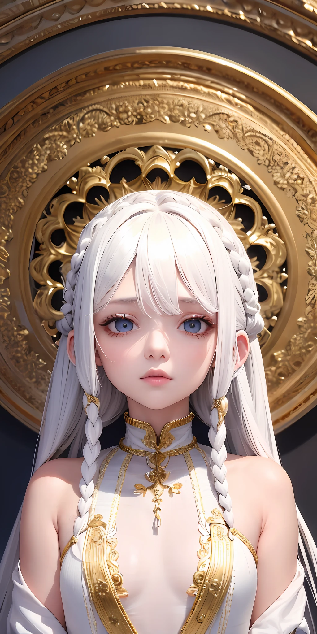 best quality, masterpiece,white hair, gold eyes,white clothes, looking up, upper body,hair strand,Fair skin,side braids