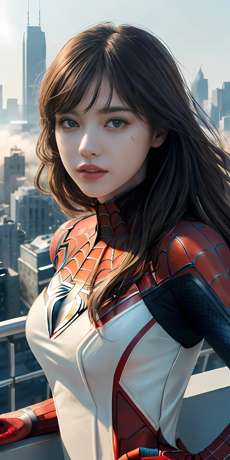 (1girl:1.3), Solo, (((Very detailed face)))), ((Very detailed eyes and face)))), Beautiful detail eyes, Body parts__, Official art, Unified 8k wallpaper, Super detailed, beautiful and beautiful, beautiful, masterpiece, best quality, original, masterpiece, super fine photo, best quality, super high resolution, realistic realism, sunlight, full body portrait, amazing beauty, dynamic pose, delicate face, vibrant eyes, (from the front), She wears Spider-Man suit, red and black color scheme, spider, very detailed city roof background, rooftop, overlooking the city, detailed face, detailed complex busy background, messy, gorgeous, milky white, highly detailed skin, realistic skin details, visible pores, clear focus, volumetric fog, 8k uhd, DSLR, high quality, film grain, fair skin, photo realism, lomography, futuristic dystopian megalopolis, translucent