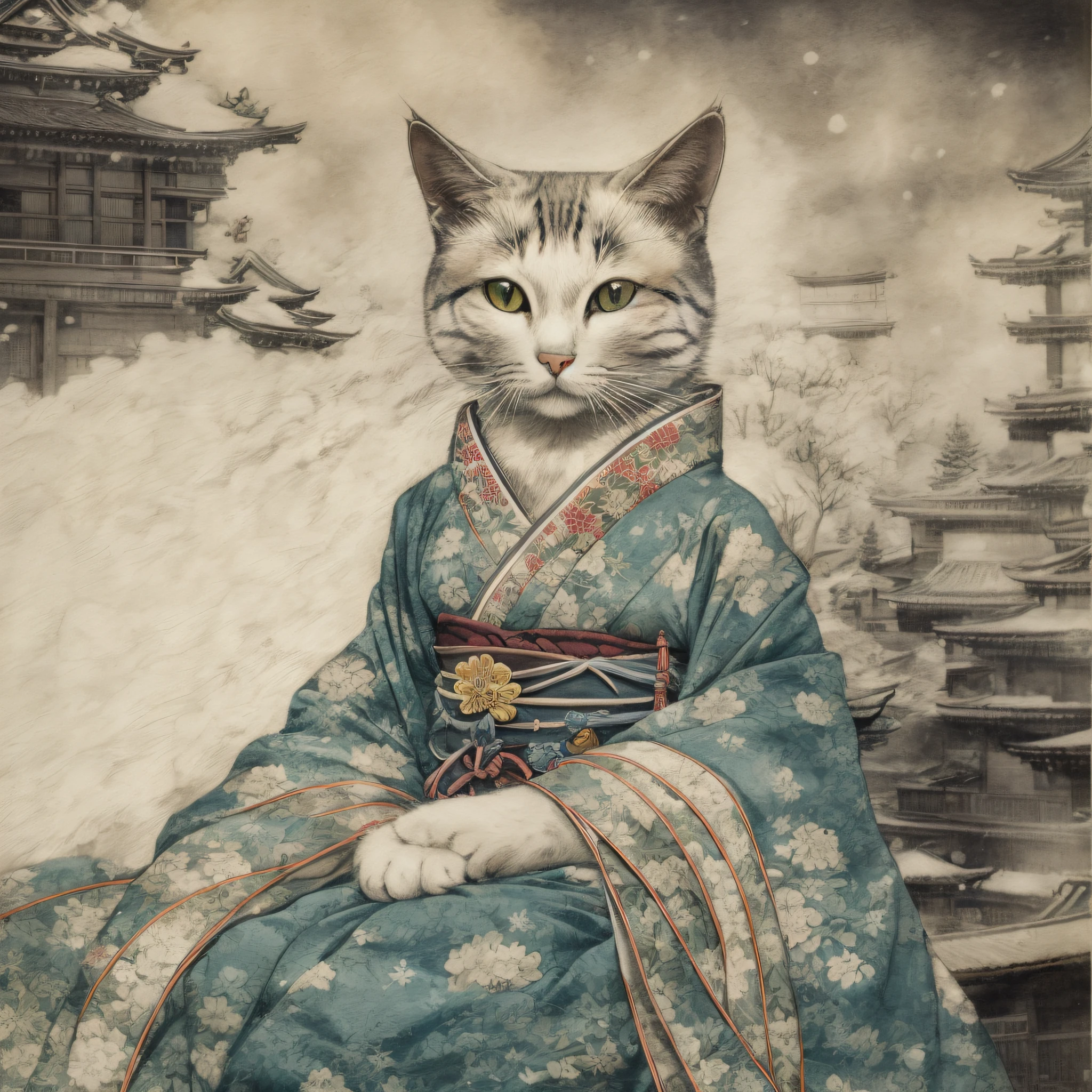 cat, clothed, Japanese Ukiyo-e Spacepunk Empress/Empress Level of Detail Frostbite engine Serene Photogravure Impressionism Art