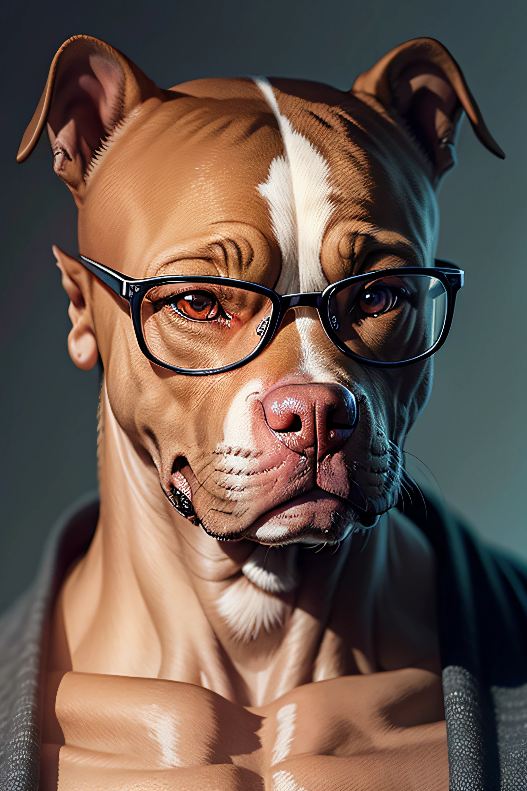 realistic image of a pitbull wearing glasses seriously staring