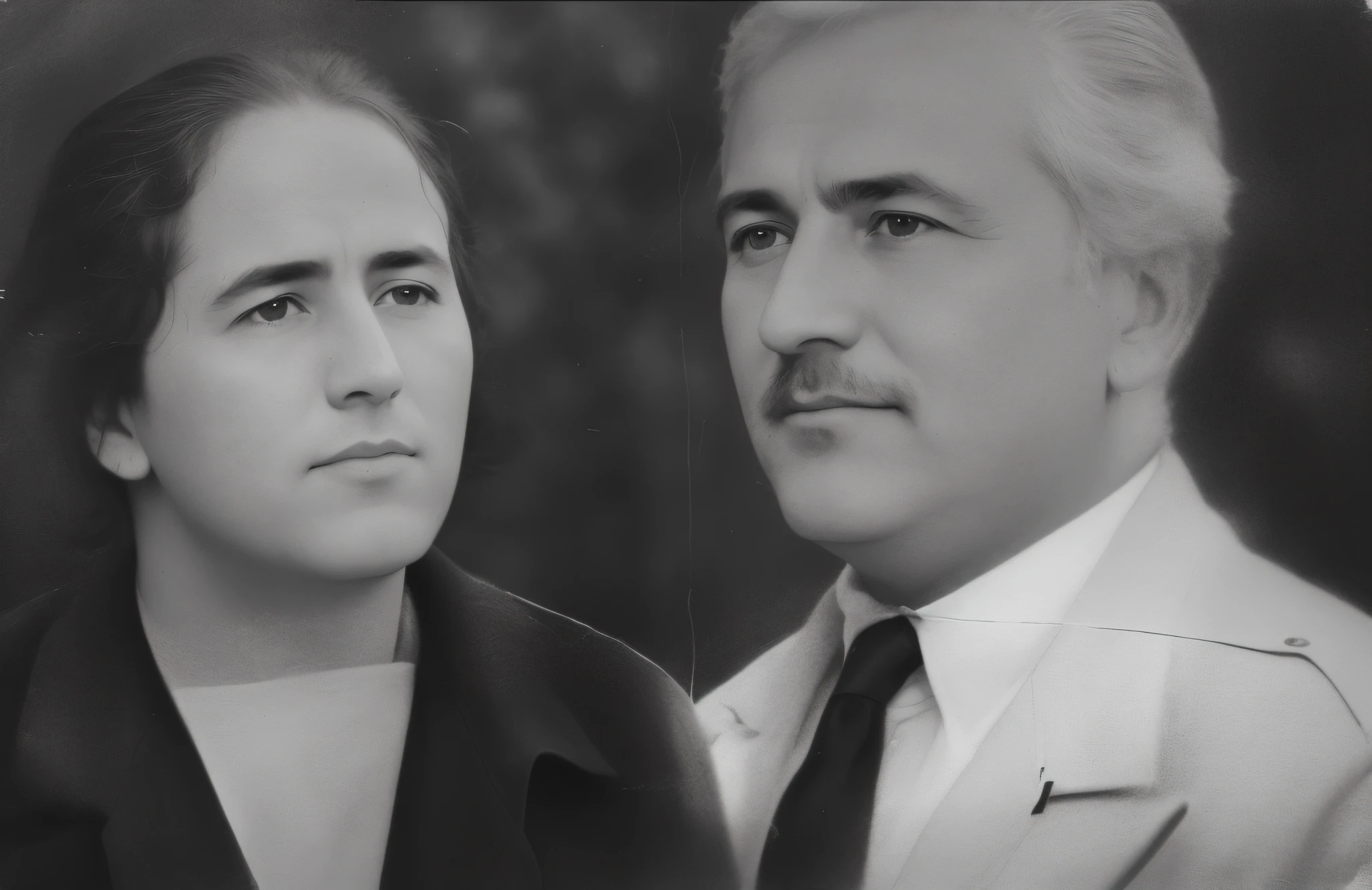 There are two people who are posing for a photo together, Retrato de duas pessoas, inspired by Agustín Fernández, Ayanamikodon e Irakli Nadar, inspired by Oton Iveković, inspired by Enrique Tábara, preto e branco, Directed by: Jesus Mari Lazkano, inspired by Ivan Meštrović