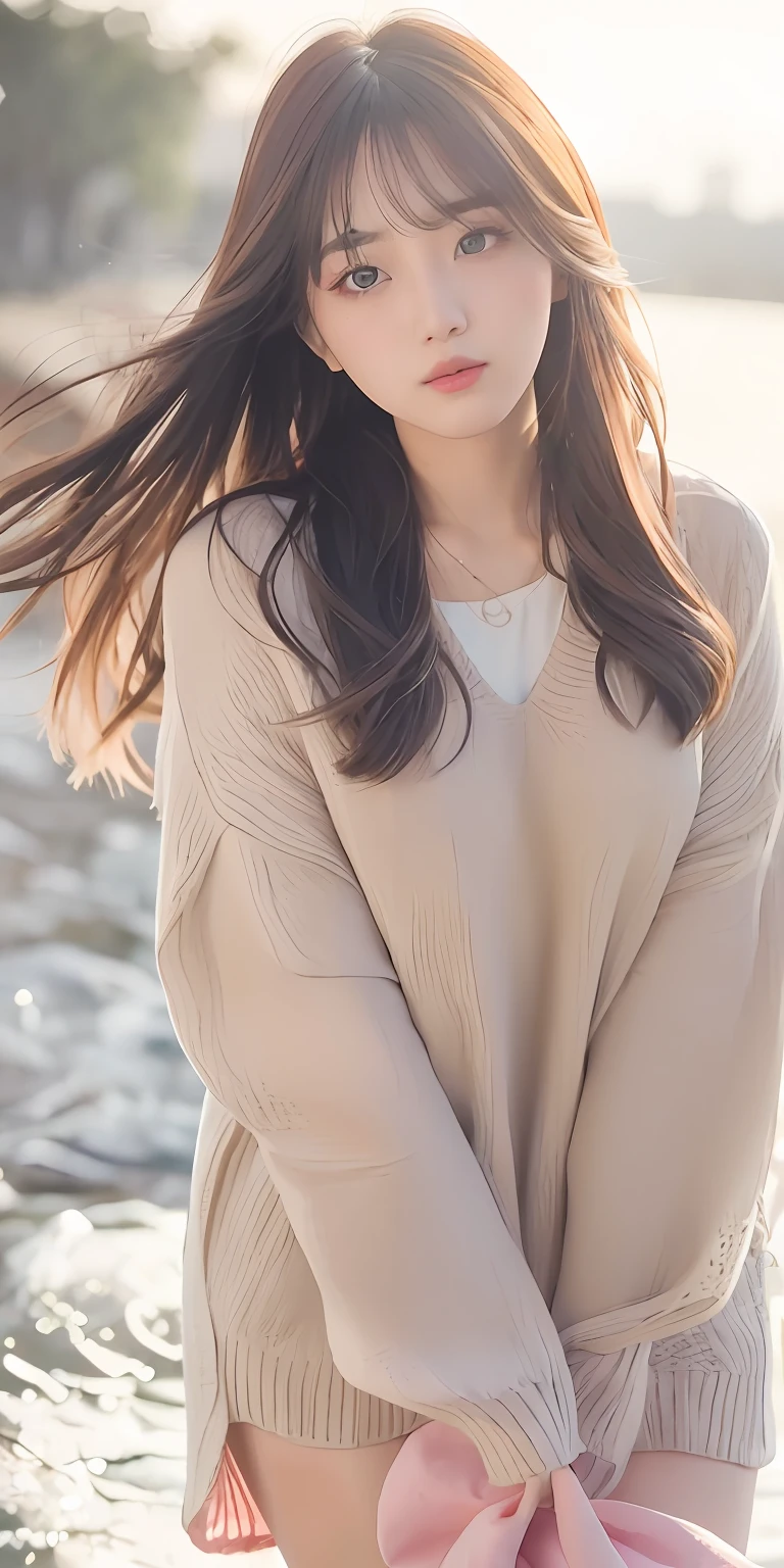 1girl walking on the river, mix4, sweater, pillow, lips, open_mouth, realistic, photo_\(medium\), solo, stuffed_animal, stuffed_toy, teddy_bear, (masterpiece), (realism: 1.3), super detailed, (High detail skin: 1.2), (Best quality: 1.0), (Ultra resolution: 1.0), (ULZZANG-6500: 0.3), wavy detail hair, long hair, sunshine, (beautiful detail makeup), (sexually aroused blush, heavy breath: 1.0), floral theme petals scattered, (soft light bloom: 0.5)