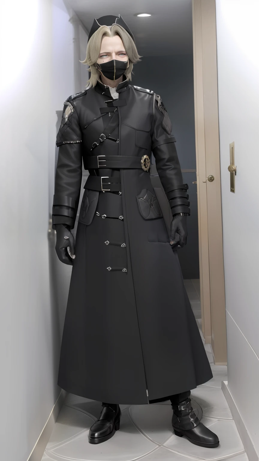 Man in black coat and 3D mask standing in a hallway, casaco preto, technological longcoat, pelagem escura, he is wearing a black trenchcoat, capa. detalhes extremamente altos, Capa VantaBlack, gothic coat, ( ( usando um casaco longo ) ), pelagem longa, pelagem longa, traje completo, capa pesada, Capa comprida