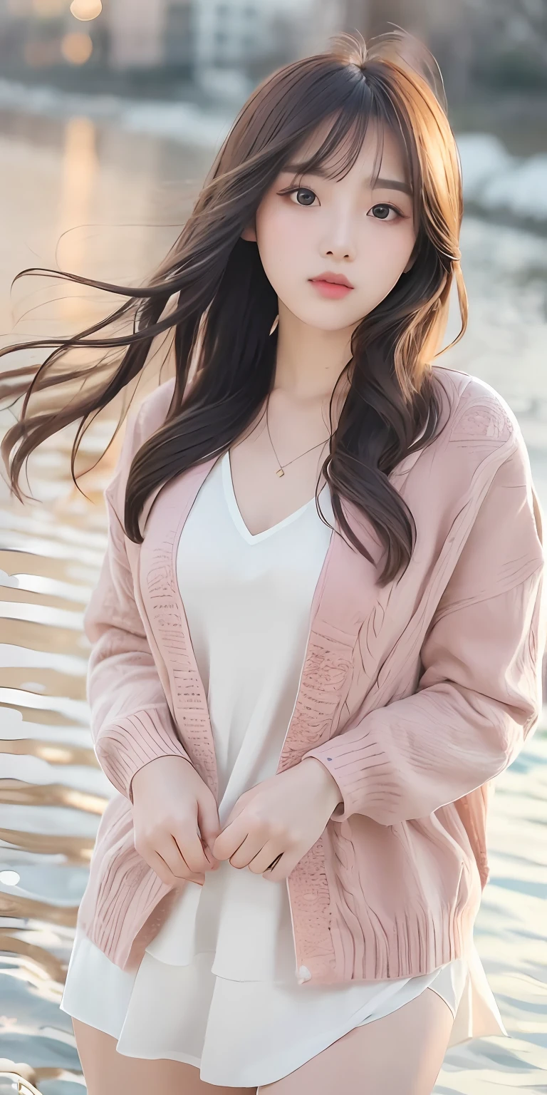 1girl walking on the river, mix4, sweater, pillow, lips, open_mouth, realistic, photo_\(medium\), solo, stuffed_animal, stuffed_toy, teddy_bear, (masterpiece), (realism: 1.3), super detailed, (High detail skin: 1.2), (Best quality: 1.0), (Ultra resolution: 1.0), (ULZZANG-6500: 0.3), wavy detail hair, long hair, sunshine, (beautiful detail makeup), (sexually aroused blush, heavy breath: 1.0), floral theme petals scattered, (soft light bloom: 0.5)