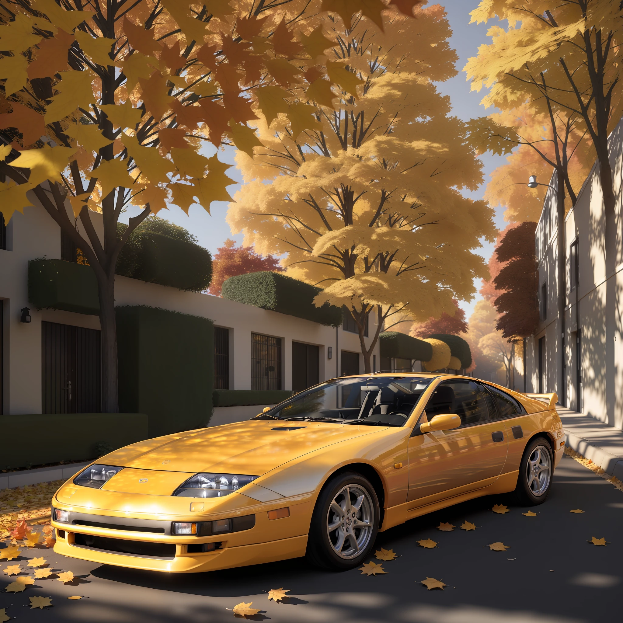 300ZX, yellow, sports car parked on a street covered with leaves in autumn in a (city:1.3), fall, global illumination, volumetric lighting, best quality, highly detailed, cgi, illustration, octane render,