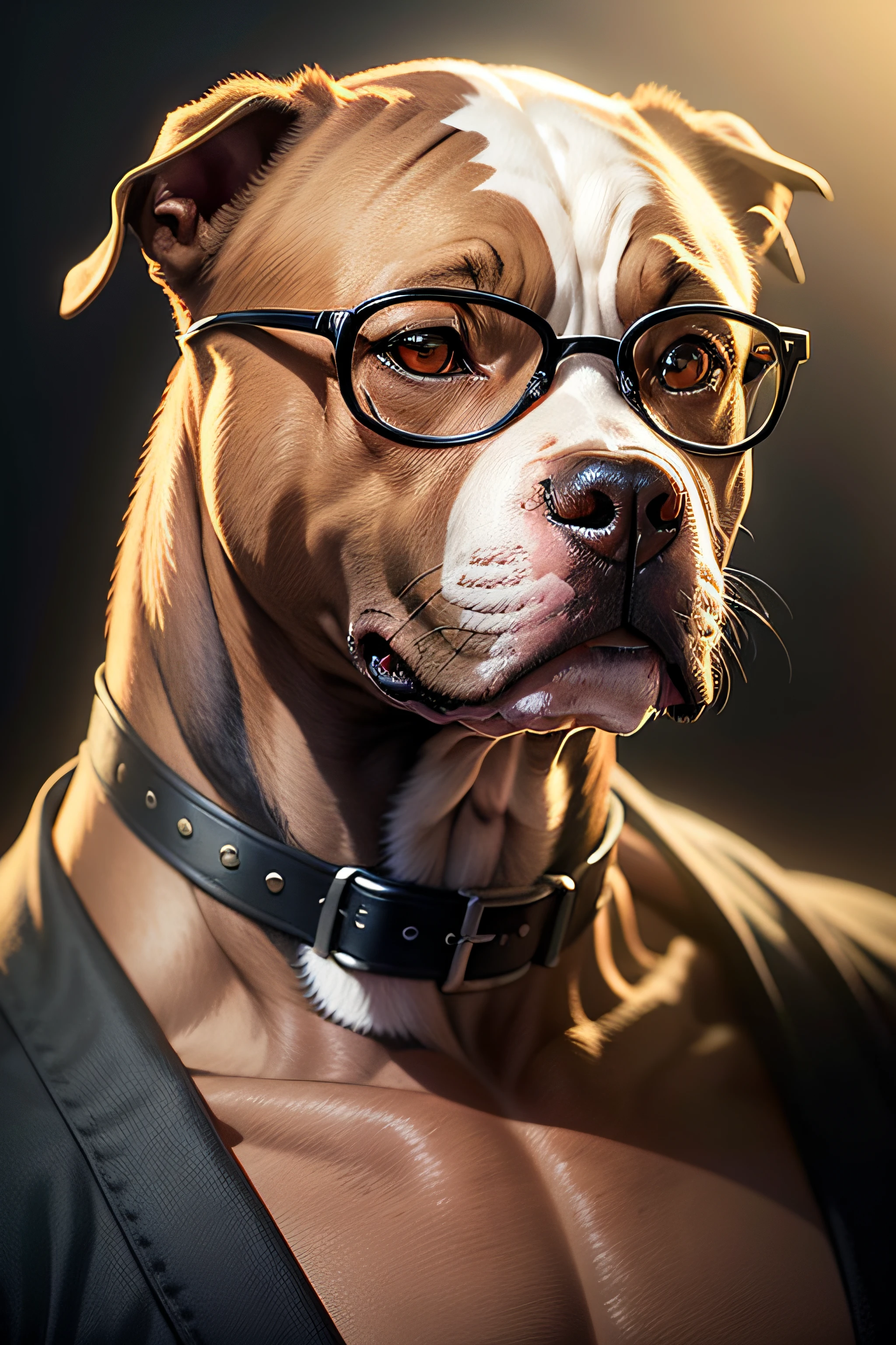 realistic image of a pitbull wearing glasses seriously staring