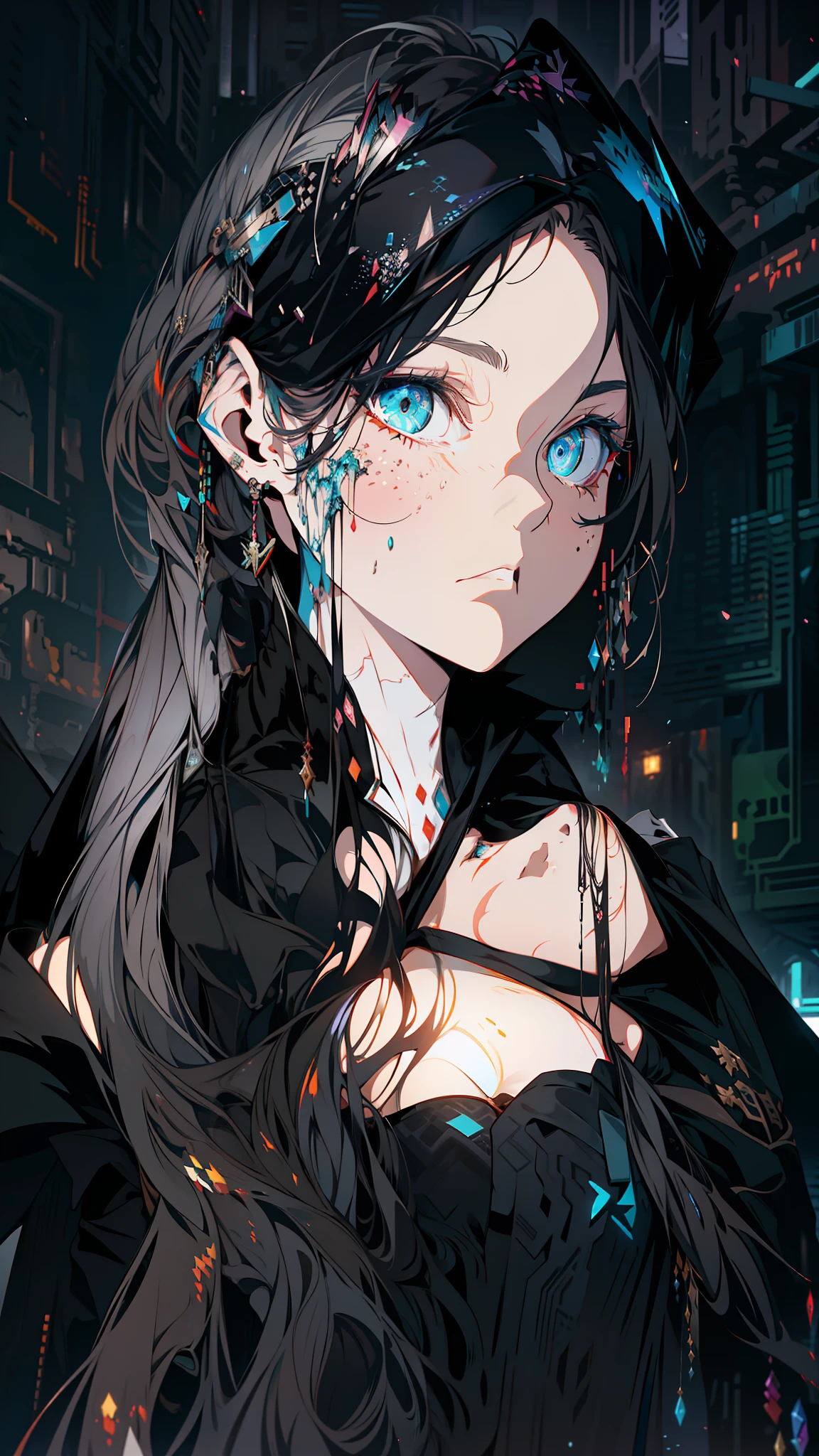 Cyberpunk female, fantasy world, dark background, clean design, epic instagram, artstation, colorful paint splatter, silhouette, hyper detailed intricate details, unreal engine, fantasy, intricate details, splash screen, complementary colors, Fantasy concept art, 8k resolution, deviantart masterpiece, oil painting, heavy strokes, paint dripping, (isolated on white background: 1.3), rainbow skin, (((beautiful young girl))), ((age:1.5) ), (glowing blue eyes), ((light eyes)), ((black clothes)), (prince\\(indifferent expression\\),, ( ((Wears high detail luxurious black robe))), white hair, (chest) --v 6