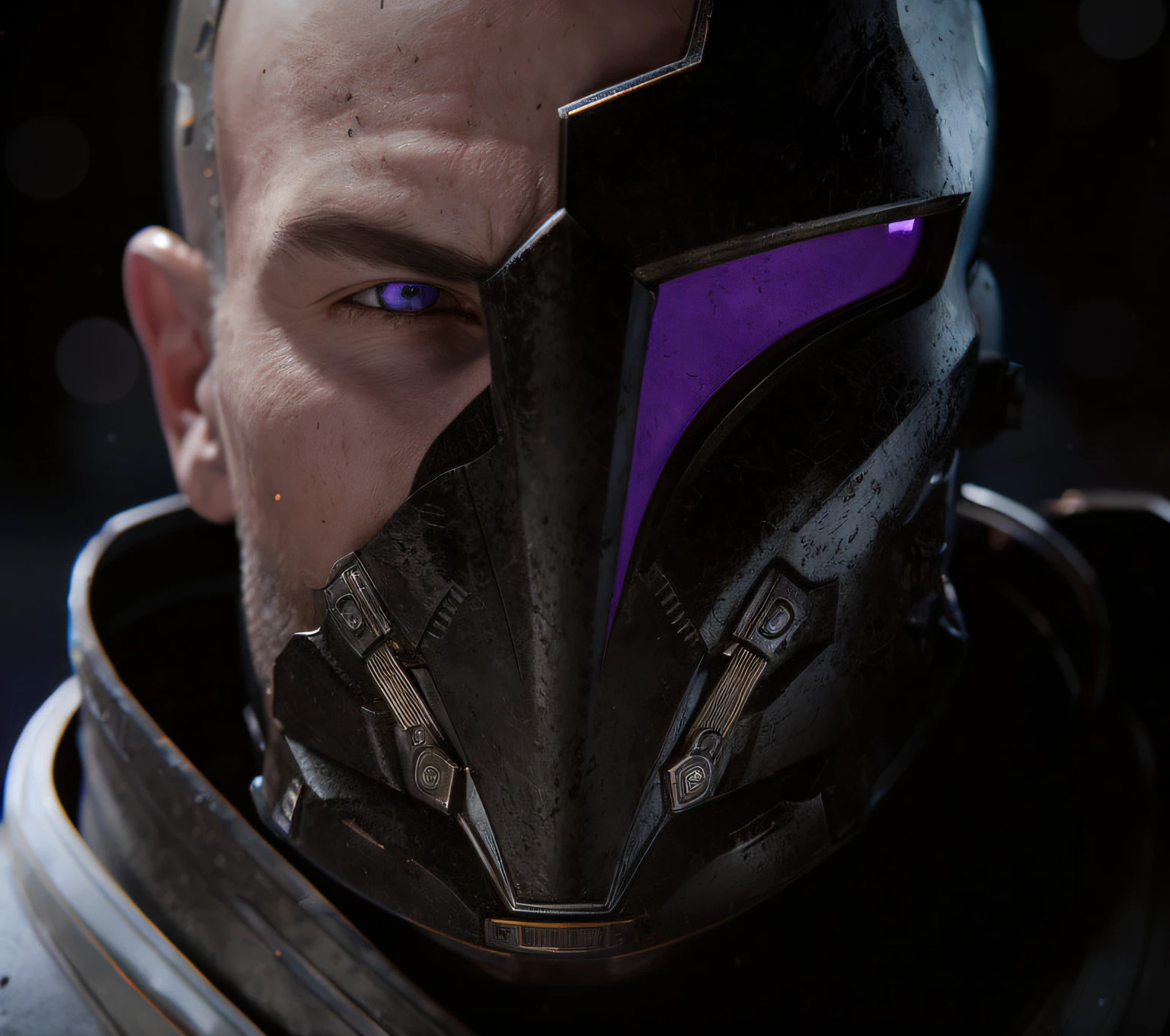 arafed man in a helmet with purple eyes and a purple nose, menacing. unreal 5, 8k portrait render, unreal 5. rpg portrait, unreal engine character art, detailed cinematic render, daniel maidman octane rendering, greg rutkowski octane render, face of an armored villian, 8 k octane detailed render, black octane render