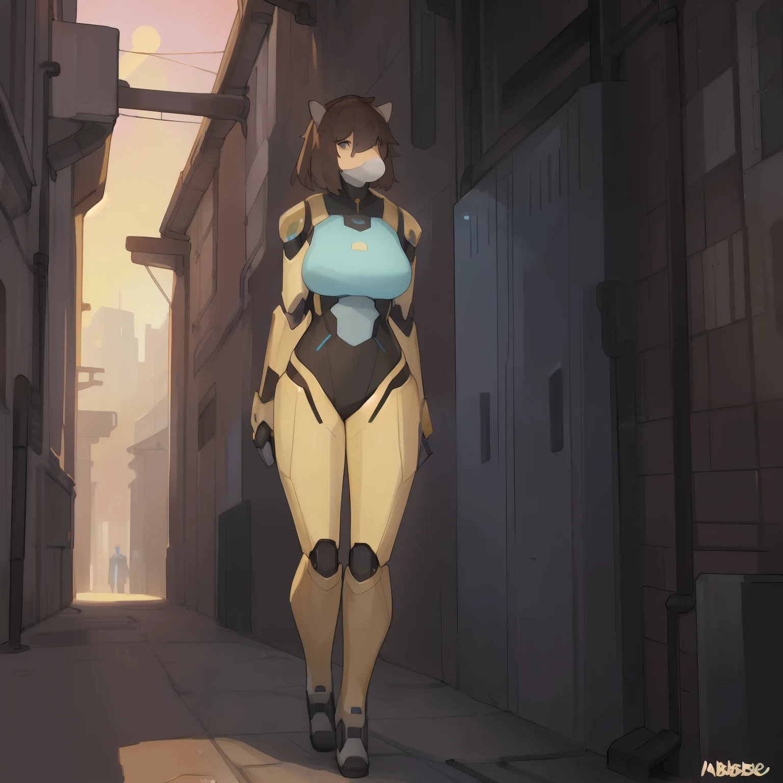 Solo, standing, female, breasts, ((snout, hair)), alleyway, plants, golden hour, robot, android, (((by bebebebebe))), , ,
