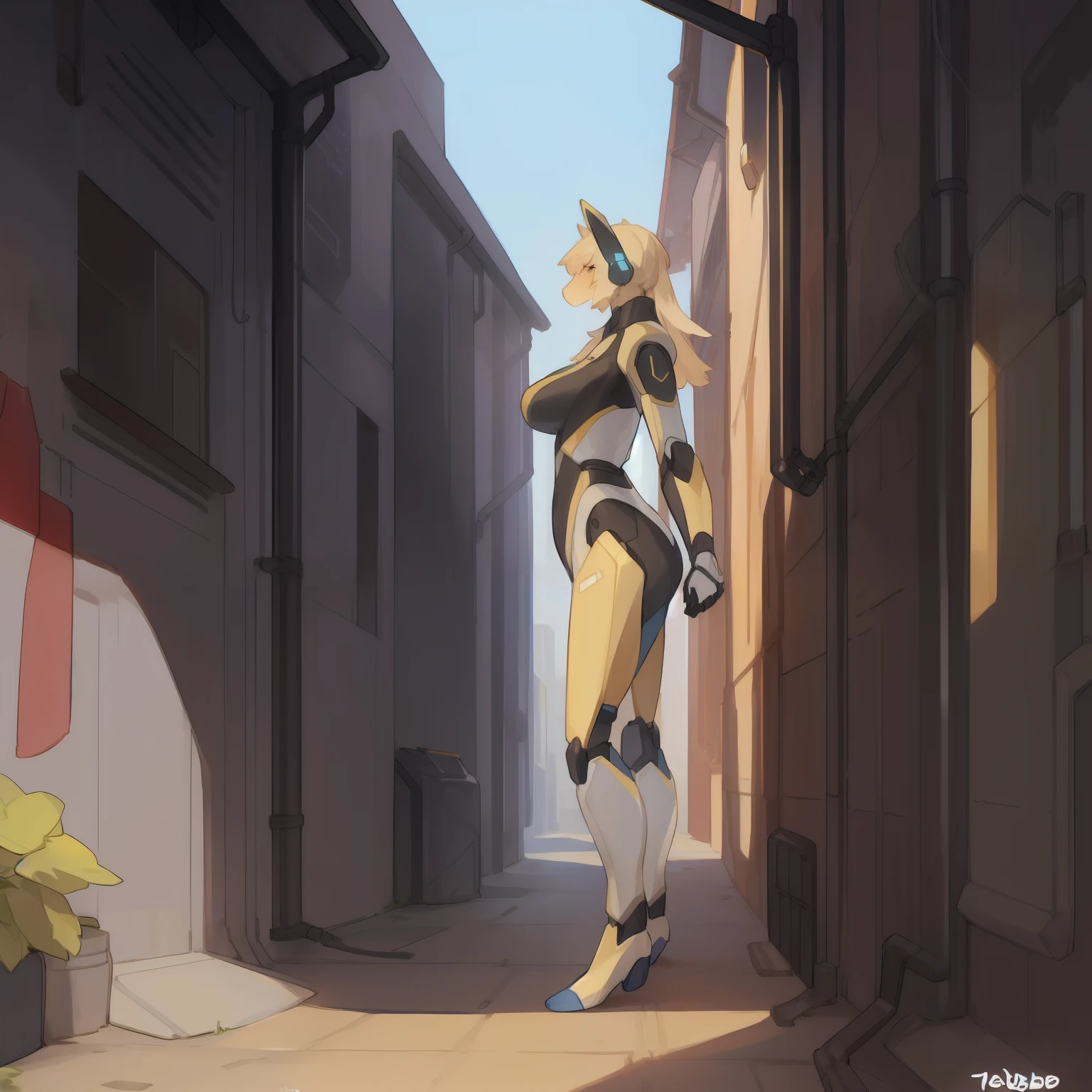 Solo, standing, female, breasts, ((snout, hair)), alleyway, plants, golden hour, robot, android, (((by bebebebebe))), , ,