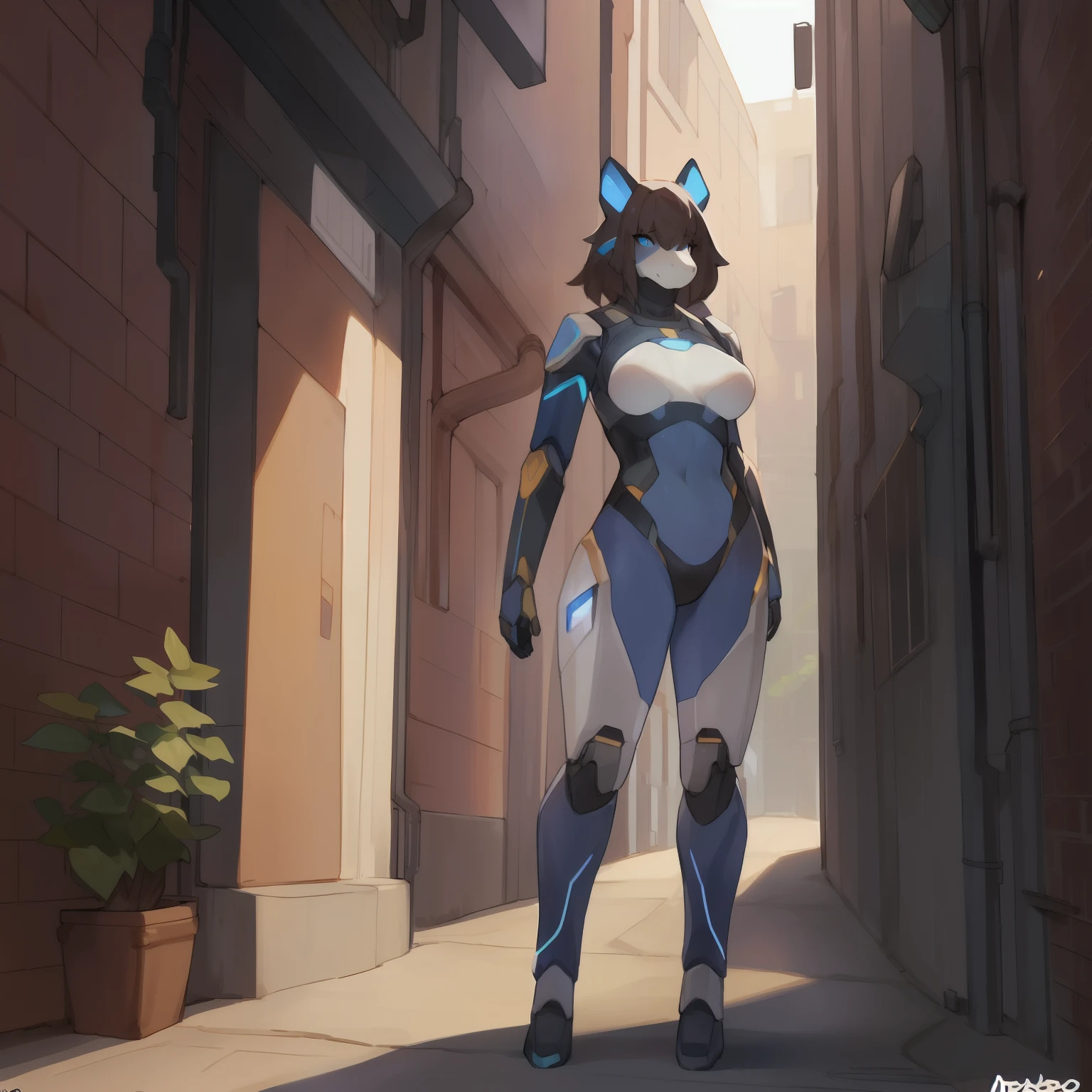 Solo, standing, female, breasts, ((snout, hair)), alleyway, plants, golden hour, robot, android, (((by bebebebebe))), , ,