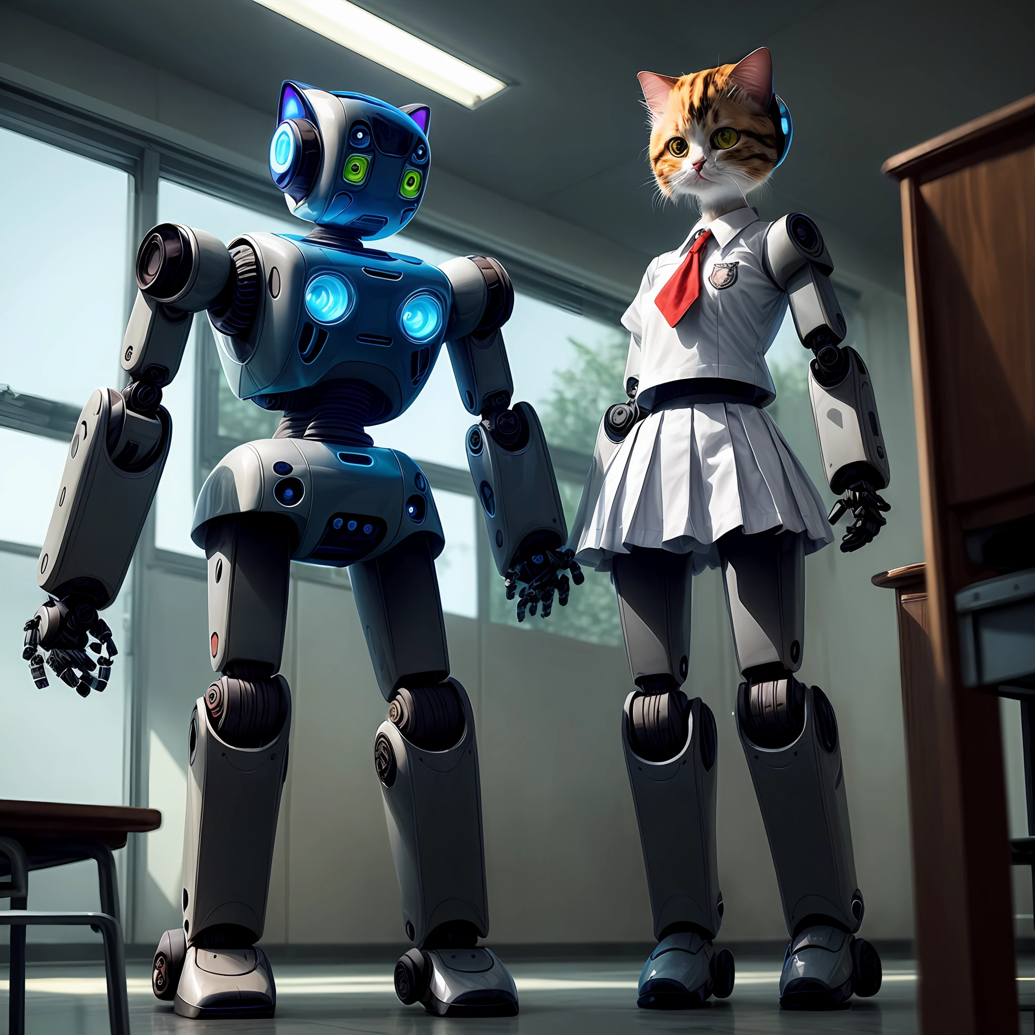 (cute robot cat wearing school uniform:1.3), Ex Machina, mythological creatures
