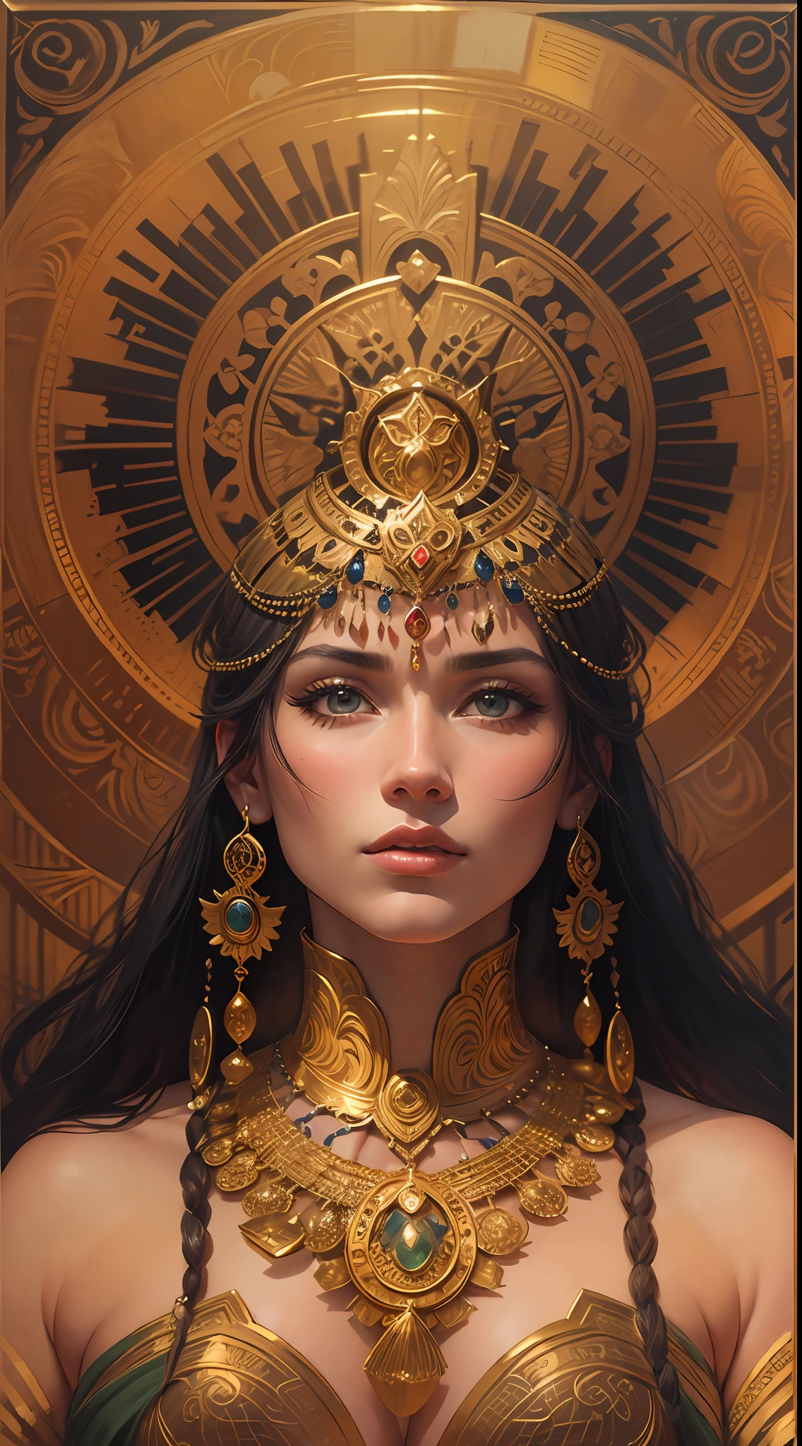 a painting of a woman with a gold headpiece and a gold choke, portrait of a beautiful goddess,highly detailed,she is majestic.