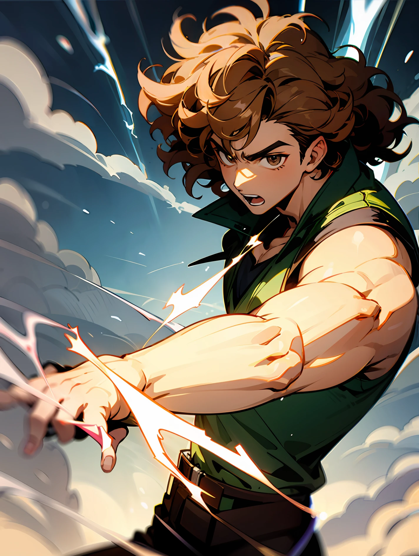 Brown boy with curly hair, with lightning power