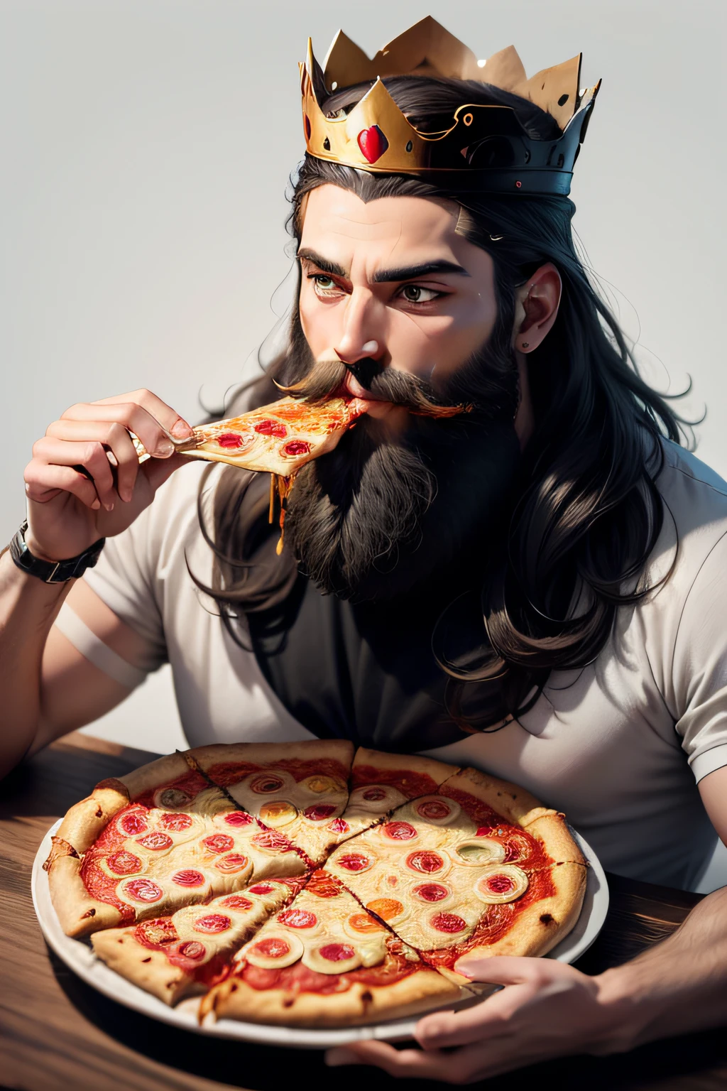 King man with beard eating pizza with crown in black and white vector only stroke logo for pizzeria simple minimalist no details white background cartoon style drawing