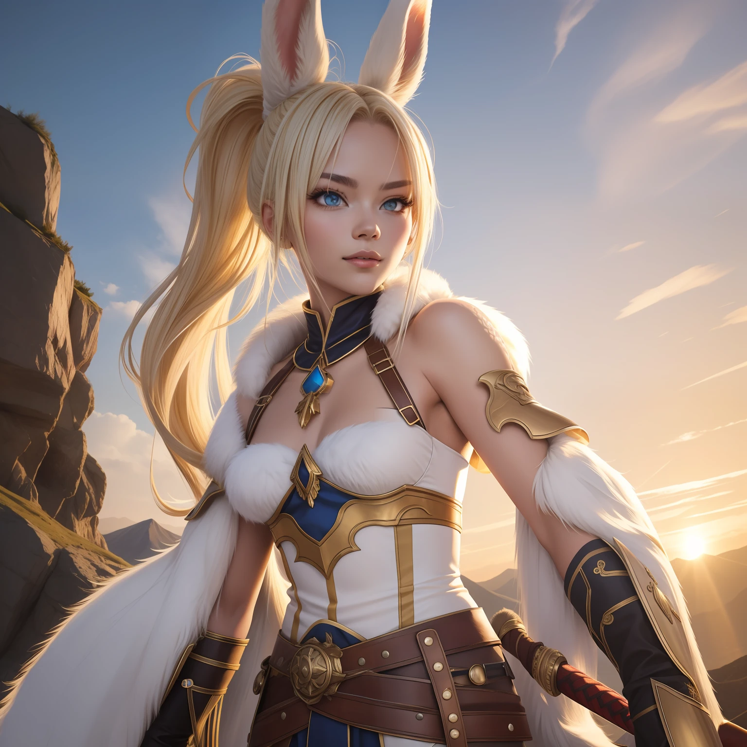 1girl in,Rabbit fur,Fur skins,Rabbit ears,Rabbit tail,Dynamic Pose,Perfect face,White and yellow gradient hair, Ponytail hair,(Jitome:1.5),tareme,rainbow eyes, Glowing eyes,Beautiful eyes,White and gold armor,Sword,with raised arm, BREAK, with vibrant colors,Friendly atmosphere,Sunlight,Warm rays,shadowy, Ray tracing, BREAK, Fantasy,Tall mountain background, Split slope, Variety of color tones,A small forest at the foot of the mountain,Left position,Distant city skyline,BREAK, Looking at Viewer, Front on BREAK 4K, (RAW Photo: 1.2), (Realism: 1.4), (Masterpiece: 1.3), (Exquisite Detail: 1.2), Subtle and Beautiful Detail, (Eye Detail), (Facial Detail), (Highest Quality) :1.4), (Super-Resolution: 1.2), Cinema Light, (Highly Detailed Illustration), (Eyelashes, Best Quality, Super Resolution, Depth of Field, Wide Light, Natural Shadows