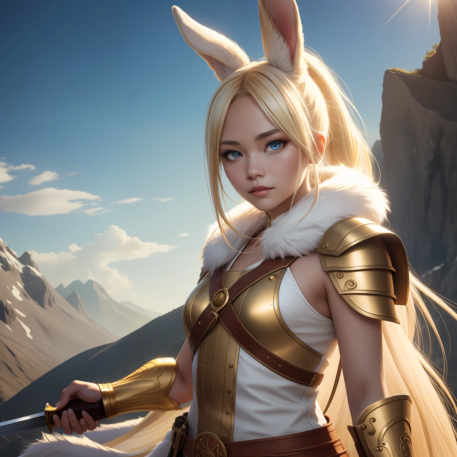 1girl in,Rabbit fur,Fur skins,Rabbit ears,Rabbit tail,Dynamic Pose,Perfect face,White and yellow gradient hair, Ponytail hair,(Jitome:1.5),tareme,rainbow eyes, Glowing eyes,Beautiful eyes,White and gold armor,Sword,with raised arm, BREAK, with vibrant colors,Friendly atmosphere,Sunlight,Warm rays,shadowy, Ray tracing, BREAK, Fantasy,Tall mountain background, Split slope, Variety of color tones,A small forest at the foot of the mountain,Left position,Distant city skyline,BREAK, Looking at Viewer, Front on BREAK 4K, (RAW Photo: 1.2), (Realism: 1.4), (Masterpiece: 1.3), (Exquisite Detail: 1.2), Subtle and Beautiful Detail, (Eye Detail), (Facial Detail), (Highest Quality) :1.4), (Super-Resolution: 1.2), Cinema Light, (Highly Detailed Illustration), (Eyelashes, Best Quality, Super Resolution, Depth of Field, Wide Light, Natural Shadows