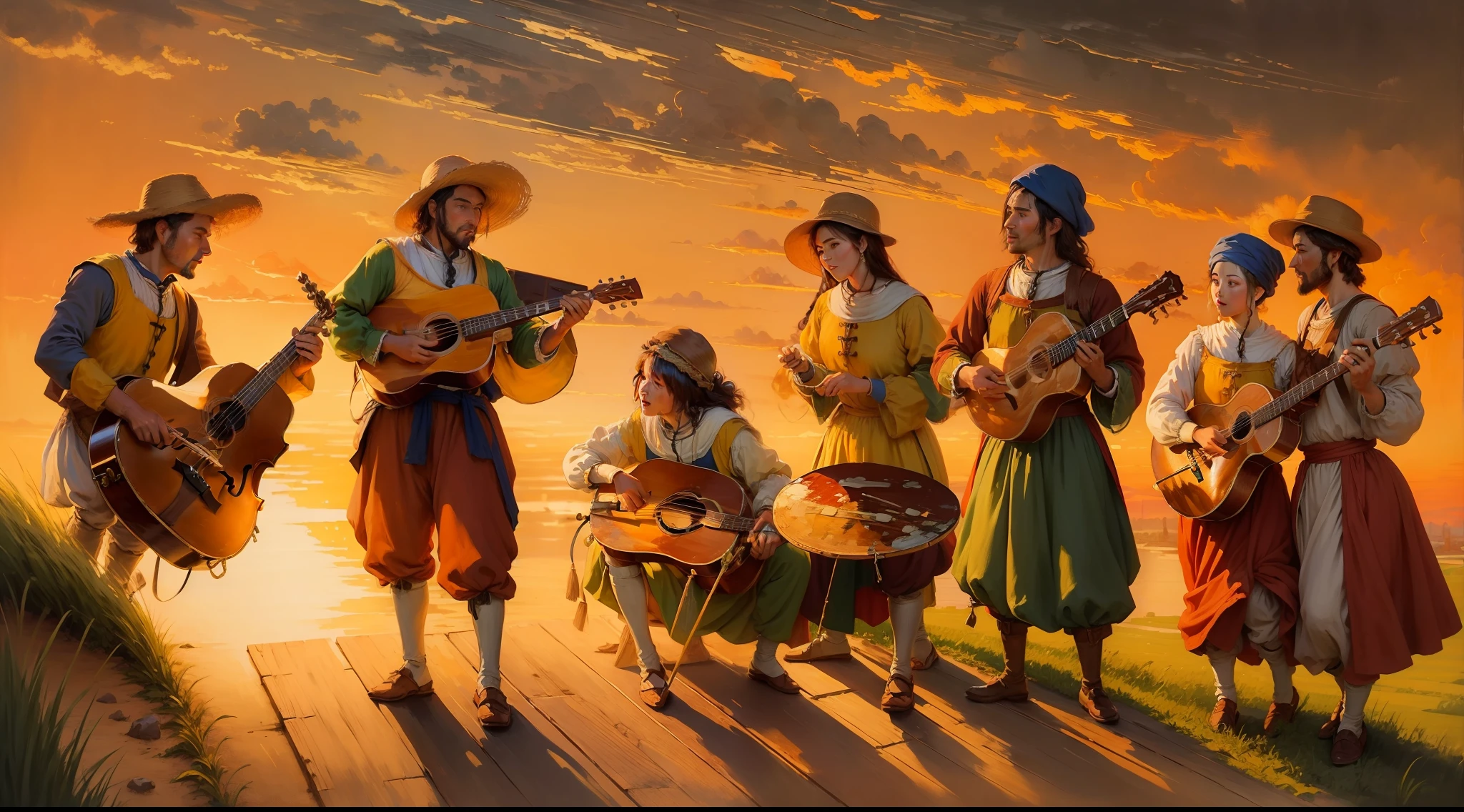 (((Peasant style painting))), Amazing image quality, Serenade at sunset, Grupo musical, tons quentes, Romantic Atmosphere.