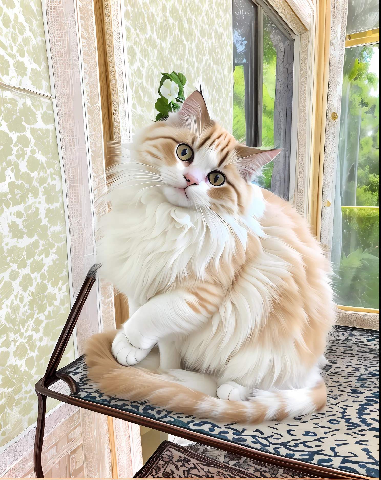 There's a cat sitting at a table with a camera on top of it, gato ragdoll, gato fofo, gato bonito, the cat is fluffy, um gato sentado em uma cadeira, gato chonker, gato persa, fazendo uma pose majestosa, awesome cat, gato elegante, escandalosamente fofo, um gato bonito, sentada em seu trono, cauda fofa grossa