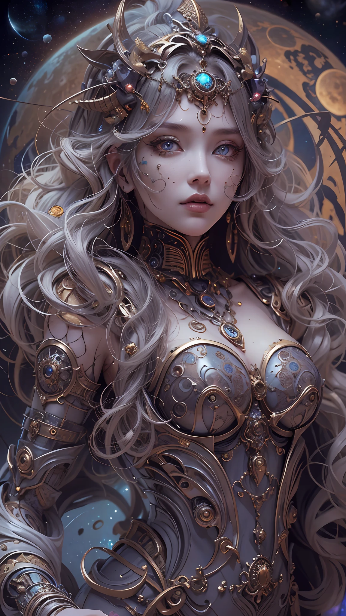 （best qualtiy，ultra - detailed，Most Best Illustration，Best shadow，tmasterpiece，A high resolution，professionalartwork，famousartwork），Detailed eyes，beautidful eyes，closeup cleavage，sci-fy，colored sclera，Robot eyes，face markings，Tattooed with，（fractalized，Fractal eyes），largeeyes，Wide eyes，（Eye focus），sface focus，Cosmic eyes，Space eyes，Close-up of metal sculpture of a woman with a moon in her hair，goddes。extremly high detail，3 d goddess portrait，Extremely detailed footage of the goddess，a stunning portrait of a goddess，Side image of the goddess，portrait of a beautiful goddess，Full body close-up portrait of the goddess，hecate goddess，portrait of a norse moon goddess，goddess of space and time