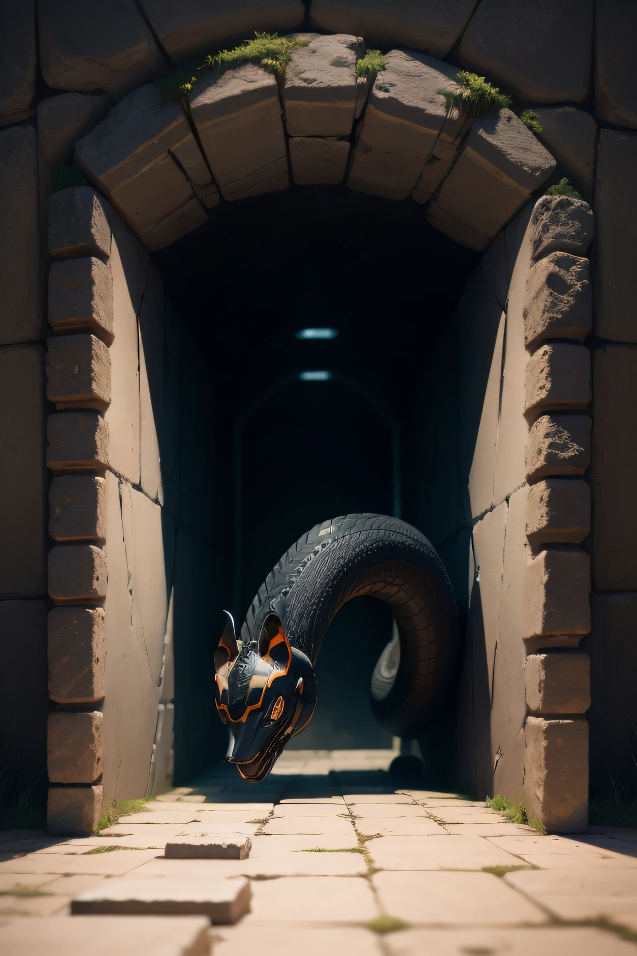 a rectangular magical portal between a marble wall of perfectly stacked blocks with well-detailed mosses, Inside the portal that leads to another world it is possible to see a giant black cobra with its body raised in high definition.
