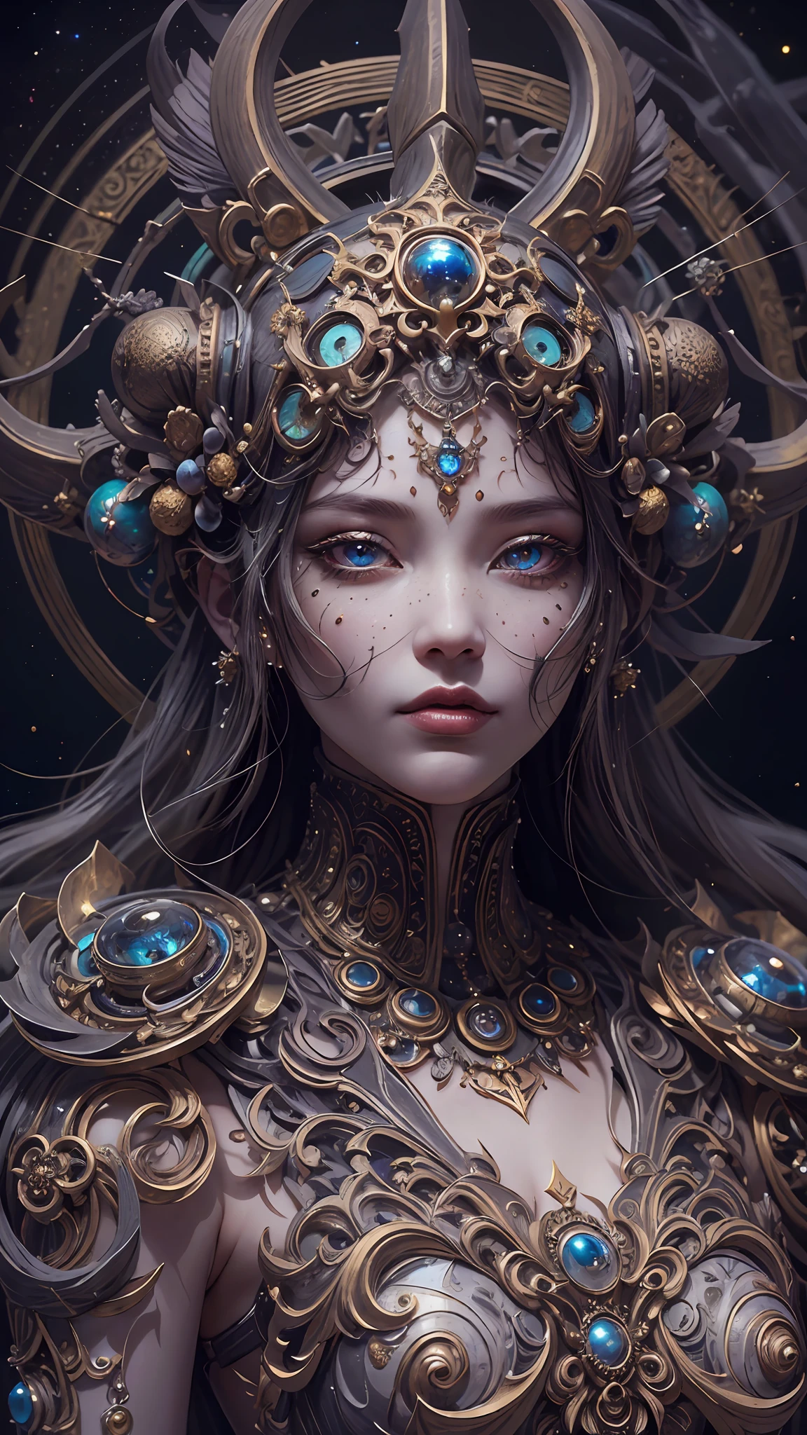 （best qualtiy，ultra - detailed，Most Best Illustration，Best shadow，tmasterpiece，A high resolution，professionalartwork，famousartwork），Detailed eyes，beautidful eyes，closeup cleavage，sci-fy，colored sclera，Robot eyes，face markings，Tattooed with，（fractalized，Fractal eyes），largeeyes，Wide eyes，（Eye focus），sface focus，Cosmic eyes，Space eyes，Close-up of metal sculpture of a woman with a moon in her hair，goddes。extremly high detail，3 d goddess portrait，Extremely detailed footage of the goddess，a stunning portrait of a goddess，Side image of the goddess，portrait of a beautiful goddess，Full body close-up portrait of the goddess，hecate goddess，portrait of a norse moon goddess，goddess of space and time