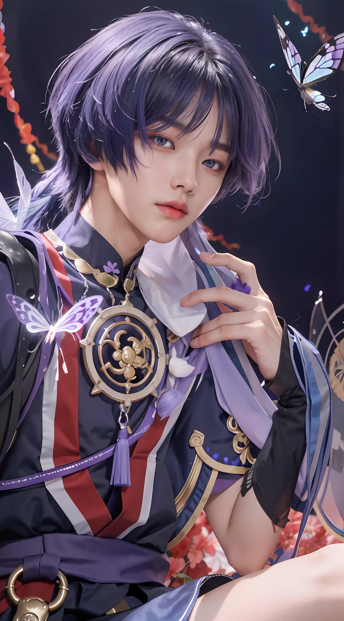 mtu,Korean face,Handsome men,cool guy,18yr old,Gay men, Blue-purple eyes,Blue-purple hair,White skin of the,plain face,There are three purple butterflies next to them,Translucent butterfly,Photos of the night,Fantasy style,Cinematic style,Film texture,Masterpiece, ccurate, Textured skin, Super detail, High details, High quality, 4K, Award-Awarded