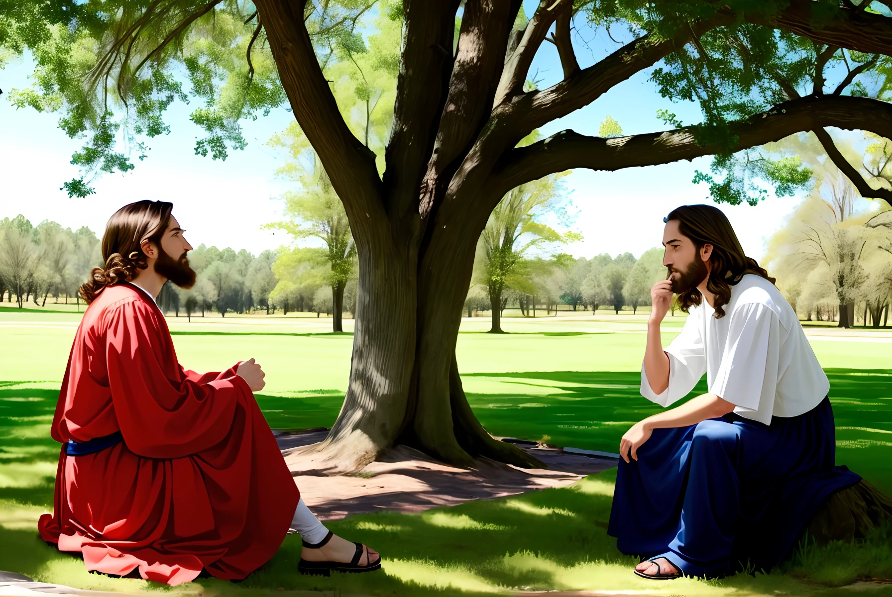 Jesus sitting under a tree speaking parables to his disciples