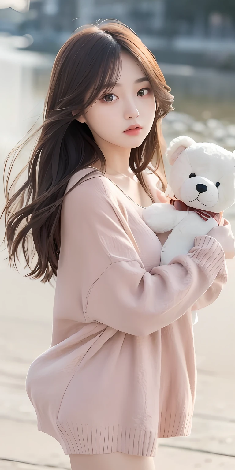 1girl walking on the river, mix4, sweater, pillow, lips, open_mouth, realistic, photo_\(medium\), solo, stuffed_animal, stuffed_toy, teddy_bear, (masterpiece), (realism: 1.3), super detailed, (High detail skin: 1.2), (Best quality: 1.0), (Ultra resolution: 1.0), (ULZZANG-6500: 0.3), wavy detail hair, long hair, sunshine, (beautiful detail makeup), (sexually aroused blush, heavy breath: 1.0), floral theme petals scattered, (soft light bloom: 0.5)