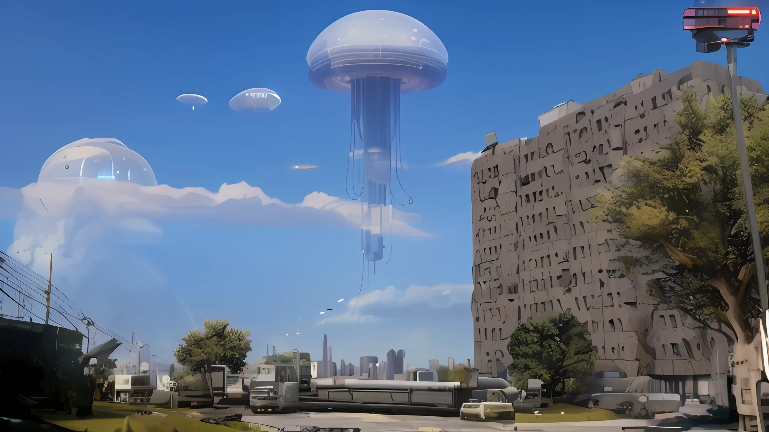 there is a jelly shaped object floating in the air over a city, highly detailed surreal vfx, cyberpunk jellyfish, the ufo is over the city, inspired by Scott Listfield, depicted as a scifi scene, alien mothership in the sky, hyperreal movie shot, perfectly realistic yet surreal, space jellyfish, stalenhag style, magic realism matte painting