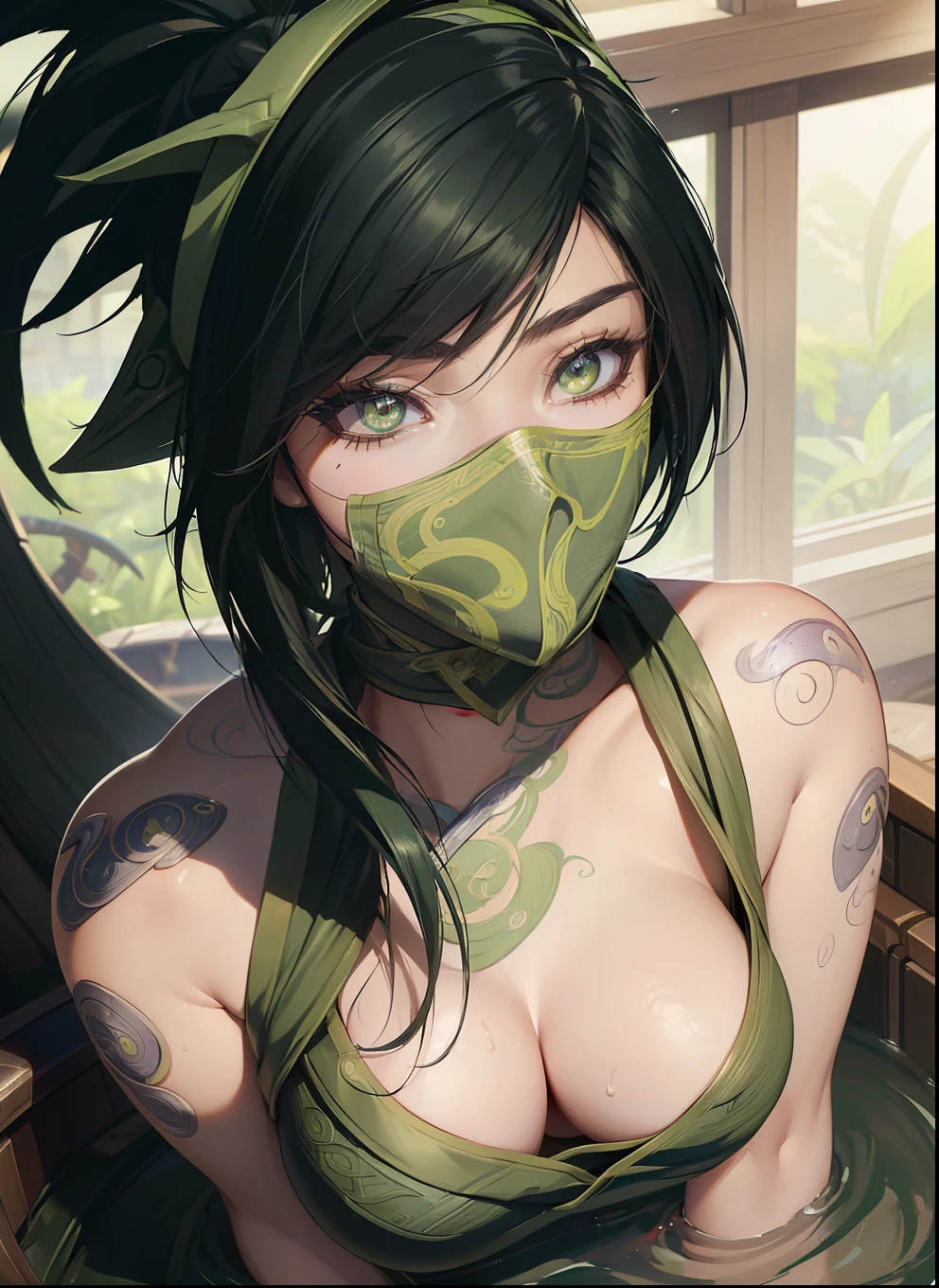 ((best quality)), (Highest image quality) (Detailed eye description) ((masterpiece)) (((akali)), 1girl, (((league of legends))), ((detailed: face)), ((ultra detailed: eyes)), showering, naked