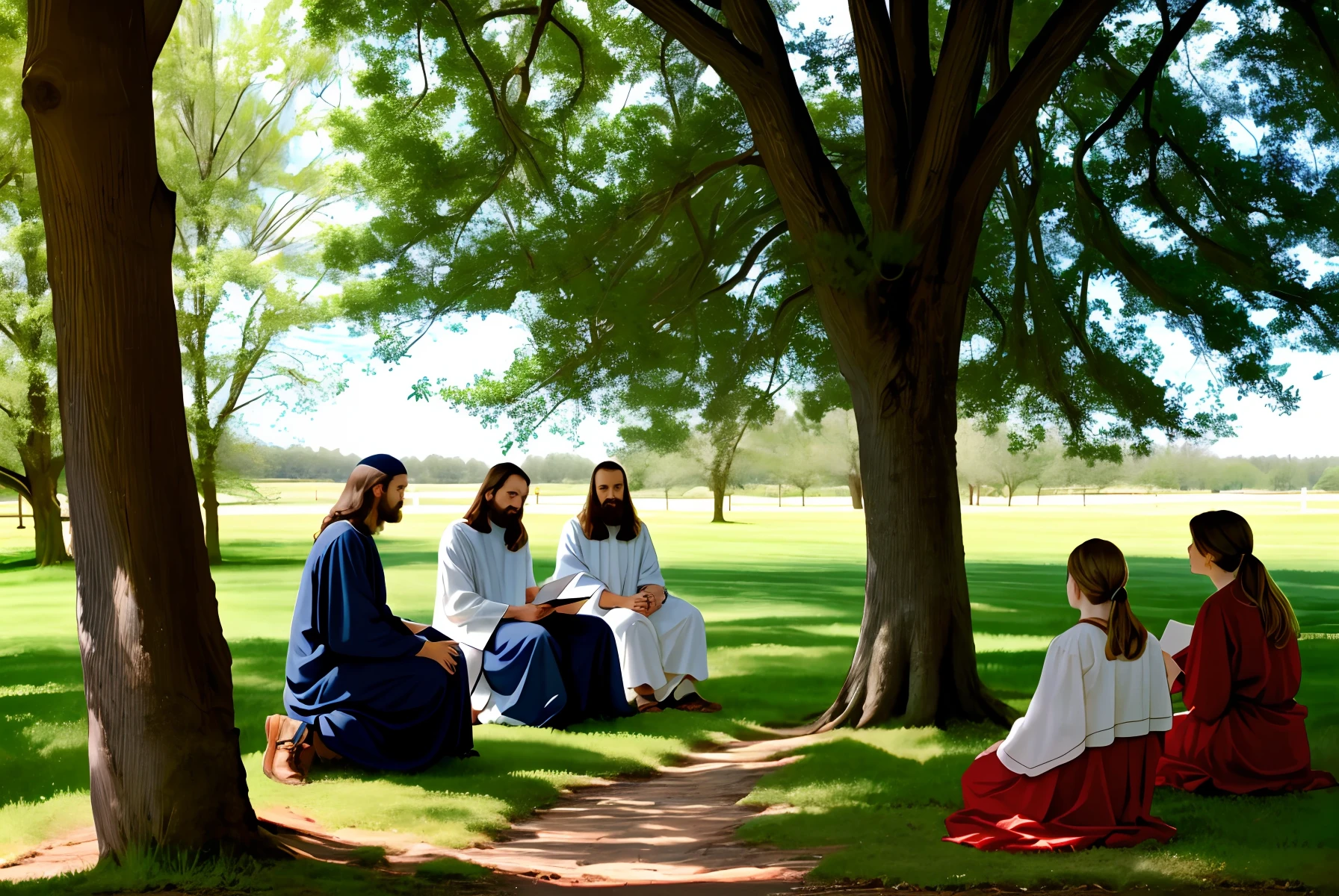 Jesus sitting under a tree speaking parables to his disciples