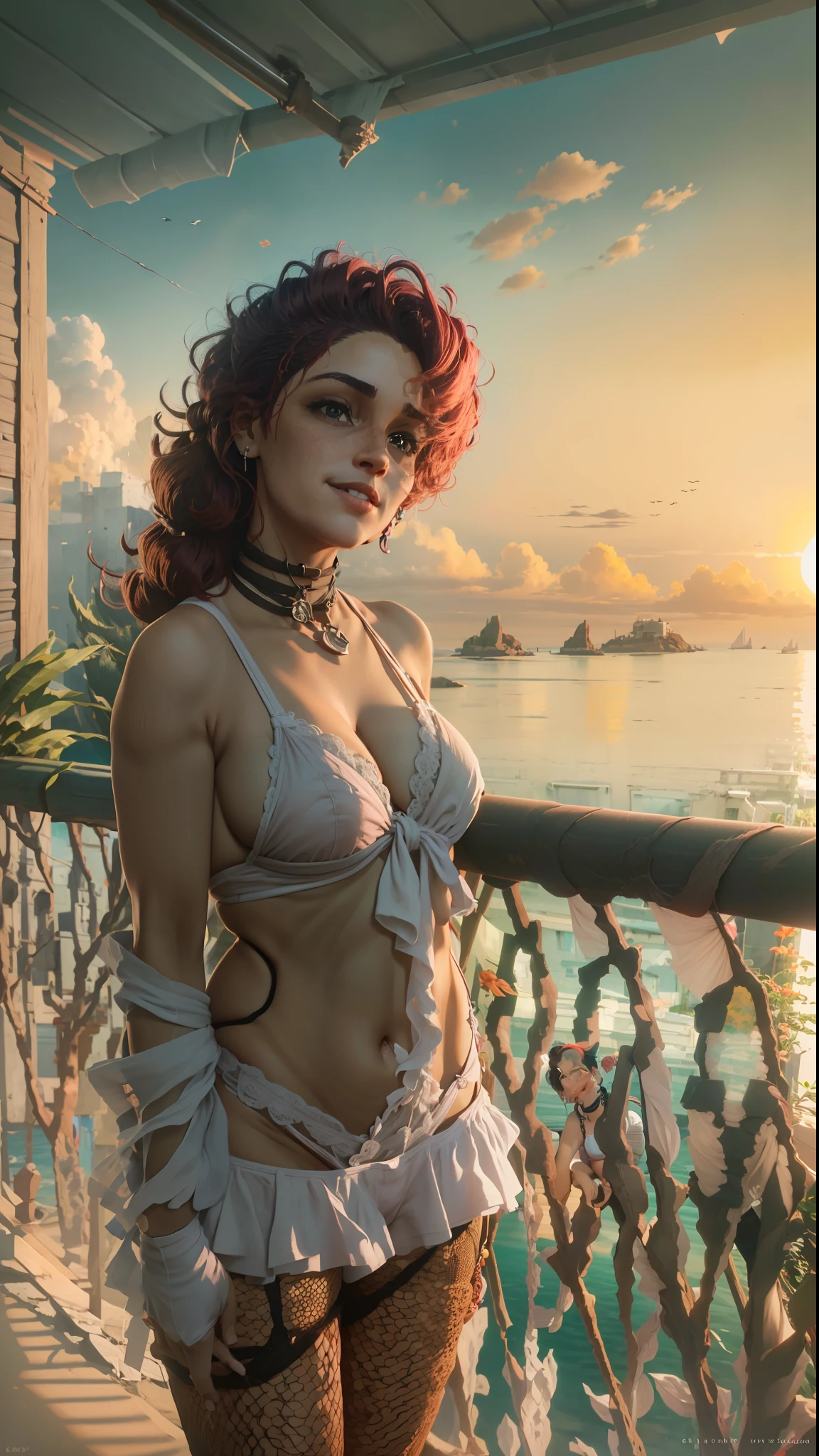 (extremamente detalhado CG unidade 8k papel de parede,master part, best quality, ultra-detalhado),(best ilumination, Melhor sombra, um extremamente delicado e bonito),Beautiful woman, sorridente, usando lingerie,on the balcony of a house by the sea, oceano ao fundo,Stunning sky
