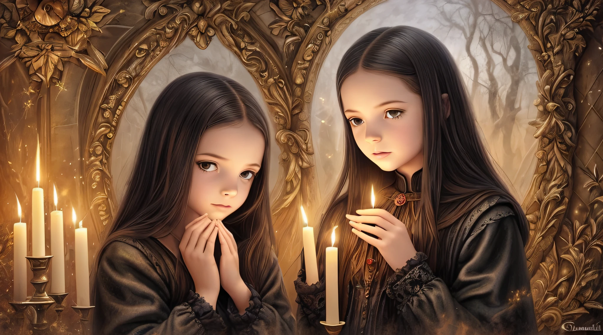 Three girls in Gothic costumes are holding candles and praying, black magic spells, scary horrifying satanic rituals, spell casting, spell casting wizard, Wicca, Bruxas, com poderes de magia negra, !5 three eyed goddesses, em vestes roxas escuras, 3 sisters look into the mirror, Kramskoi 4 mil, holy flame spell, Wiccano, little girl with magical powers