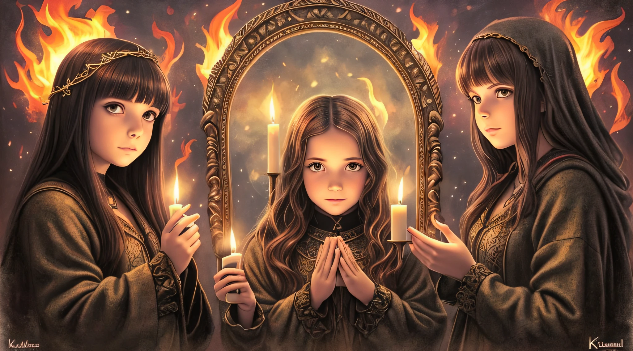 Three girls in Gothic costumes are holding candles and praying, black magic spells, scary horrifying satanic rituals, spell casting, spell casting wizard, Wicca, Bruxas, com poderes de magia negra, !5 three eyed goddesses, em vestes roxas escuras, 3 sisters look into the mirror, Kramskoi 4 mil, holy flame spell, Wiccano, little girl with magical powers