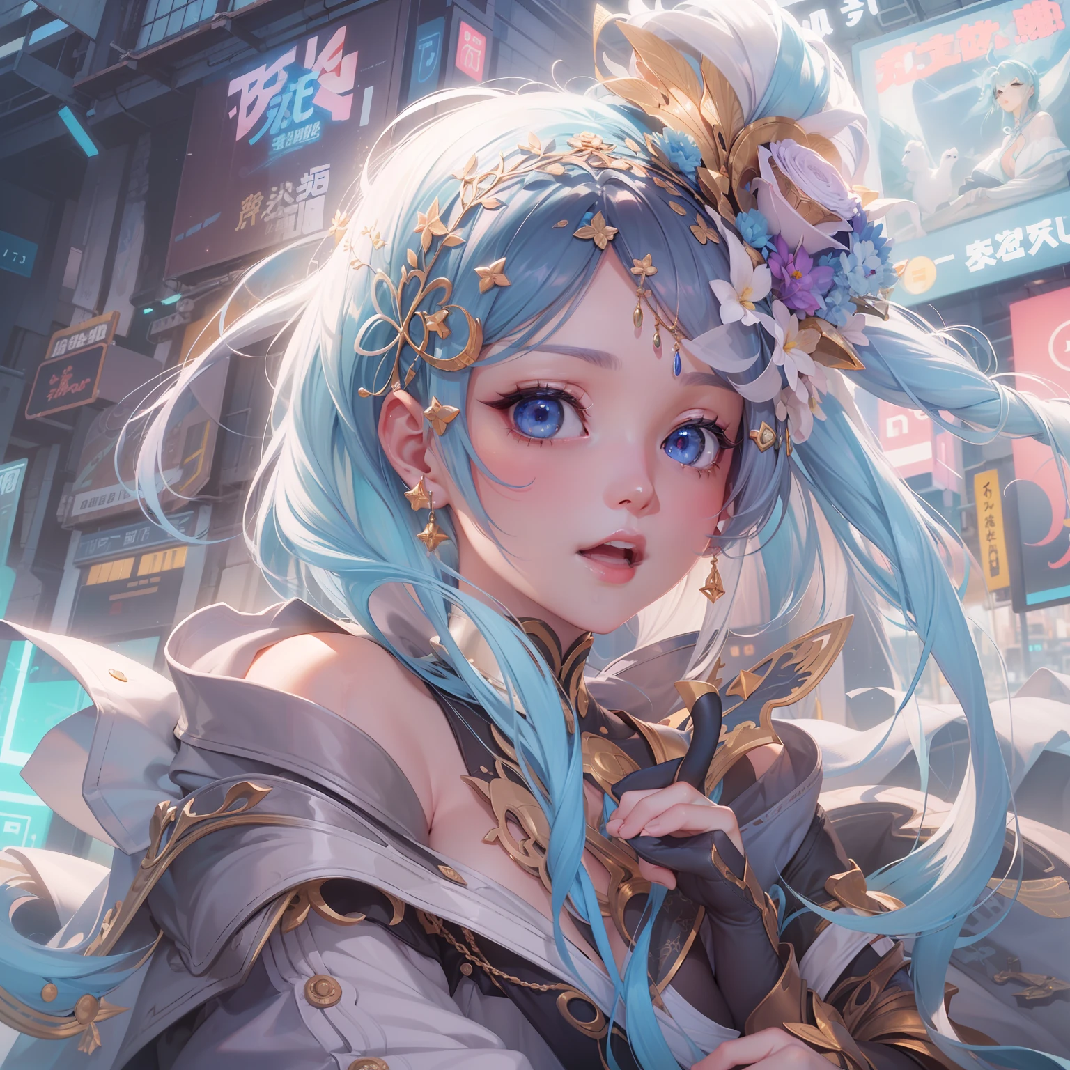 (((masterpiece)))、(((top-quality)))、((ultra-definition))、(High Definition CG Illustration)、((extremely delicate and beautiful))、Cyber Girl Flying in the Sky、City of the Future、Cinematic Light、独奏、full body Esbian、cyberpunked、2040s、animesque、dreamy cyberpunk girl、rainbow hair、in renaissance style、Marie Antoinette style、trending on artstationh、Rachel Walker、
