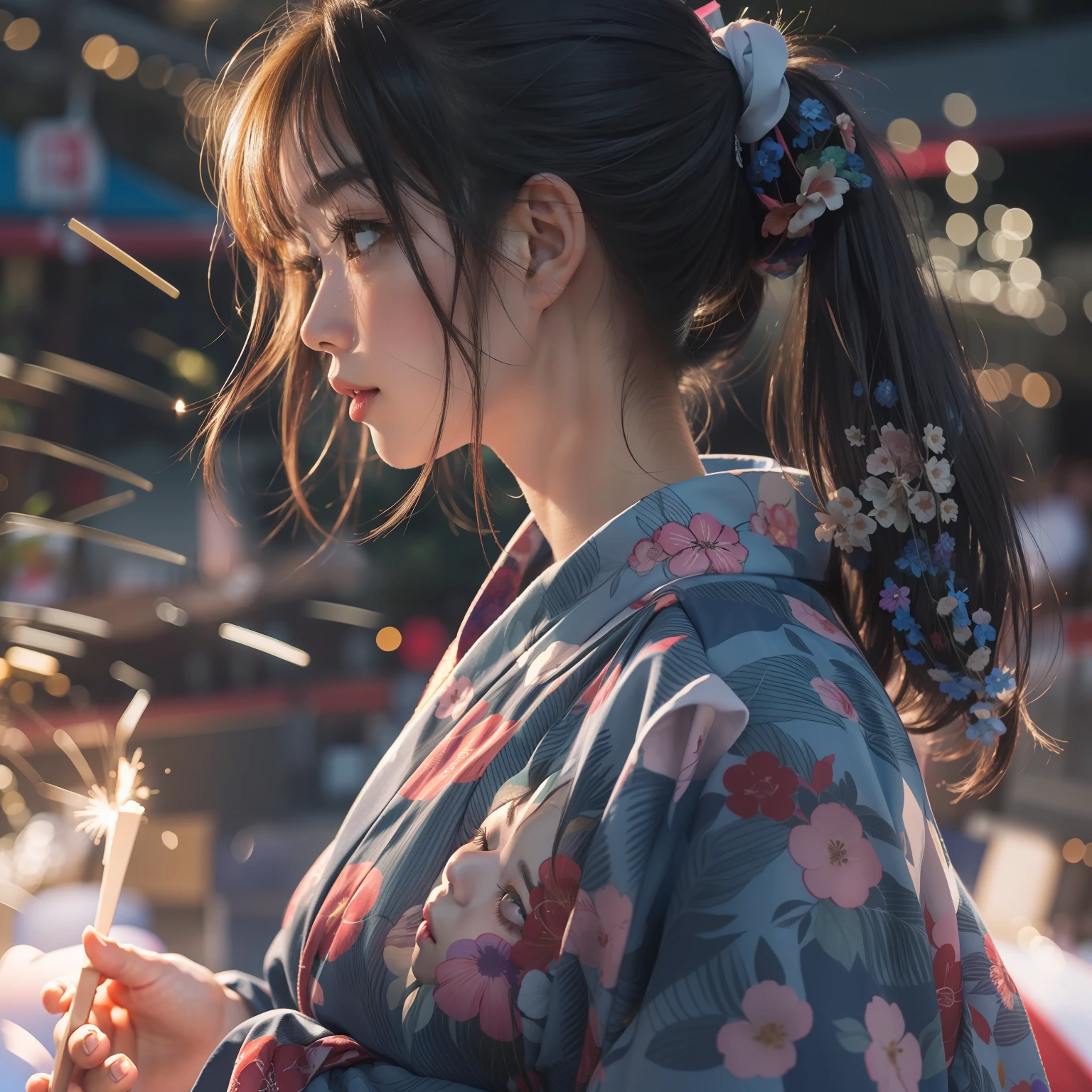 Komono,Girl in Yukata,Blowing in the wind,Summer Festivals,natta,food stand,Spirit Stream,Big Fireworks,ponytail break 8K, (RAW Photo: 1.2), (Realism: 1.4), (Masterpiece: 1.3), (Exquisite Detail: 1.2), Subtle and Beautiful Detail, (Eye Detail), (Facial Detail), (Highest Quality) :1.4), (Super-Resolution: 1.2), Cinema Light, (Highly Detailed Illustration), (Eyelashes, Best Quality, Super Resolution, Depth of Field, Wide Light, Natural Shadows