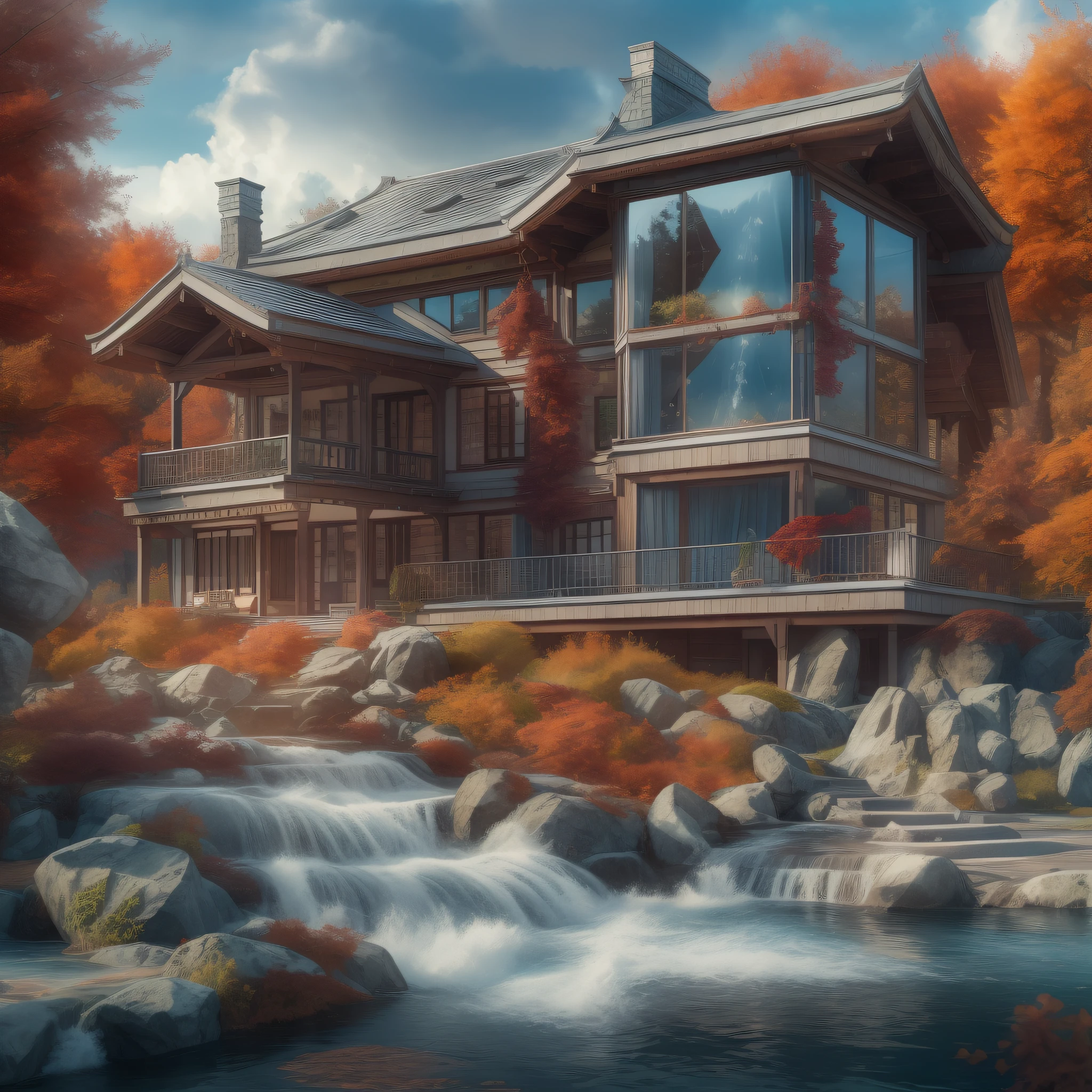 (masterpiece), better quality. Striking and beautiful nordic house, magnificent design, architecture, with fine waterfall, water splashes flowing. Crazy details, beautiful autumn trees, grass, pine trees forest in background. way of light grey tiles. Blue and sunny sky, natural lighting, some white clouds. plastic like, glossy, twirling flash, digital painting, highly detailed, filigree, intricate, complex poses, clarity, high Quality, Nikon D850, 50mm prime lens, ISO 200, intricate, ultra realistic, HDR, 8K, cinematic, vray tracing, 3d render, dslr, octane render, cell shading, depth of field, perfect composition