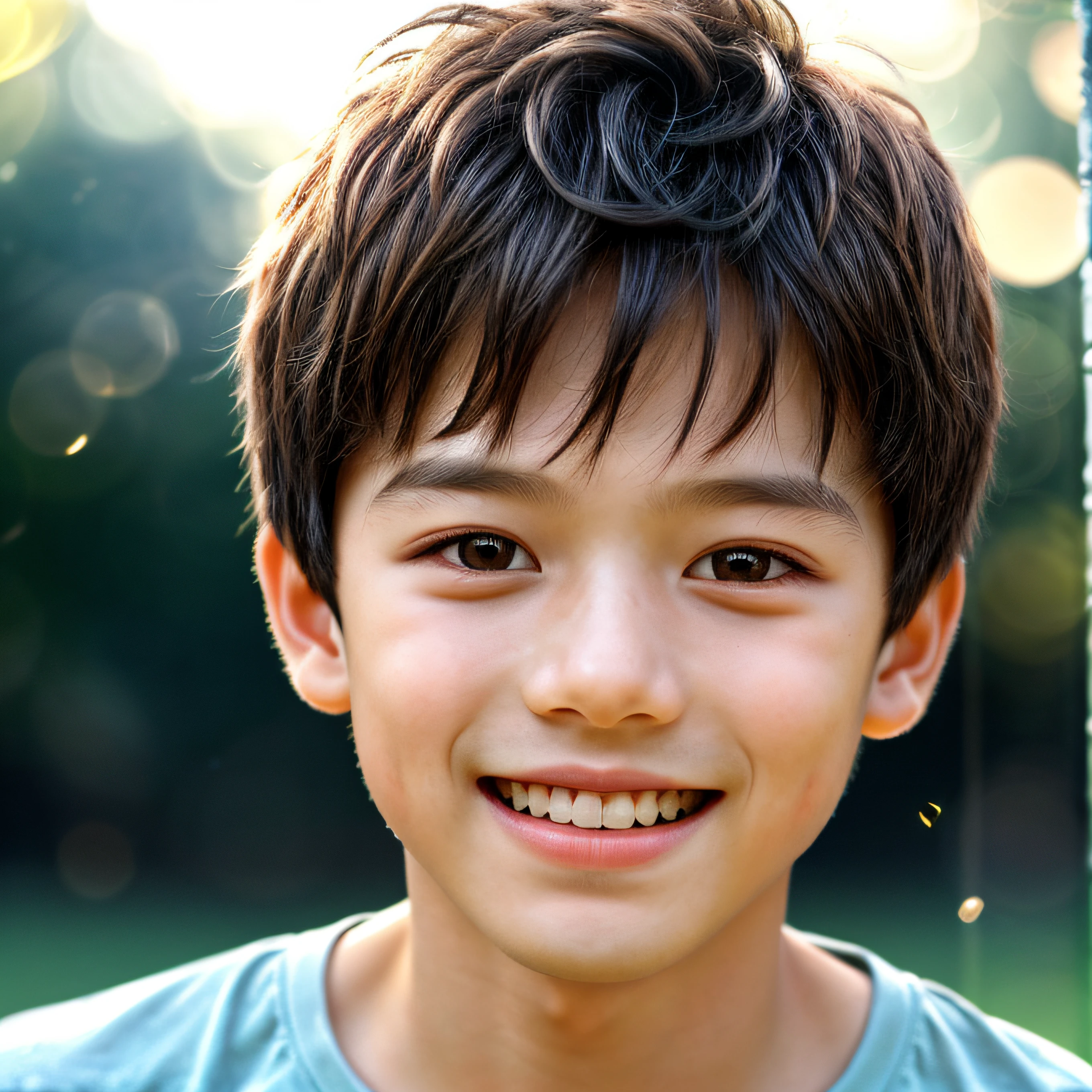 Close-up of faces，1 boy，happy laugh，Delicate face，Smooth skin，Elaborate Eyes， ( bokeh, Out of Focus, Soft Lighting, movie lighting, God Ray, UHD)