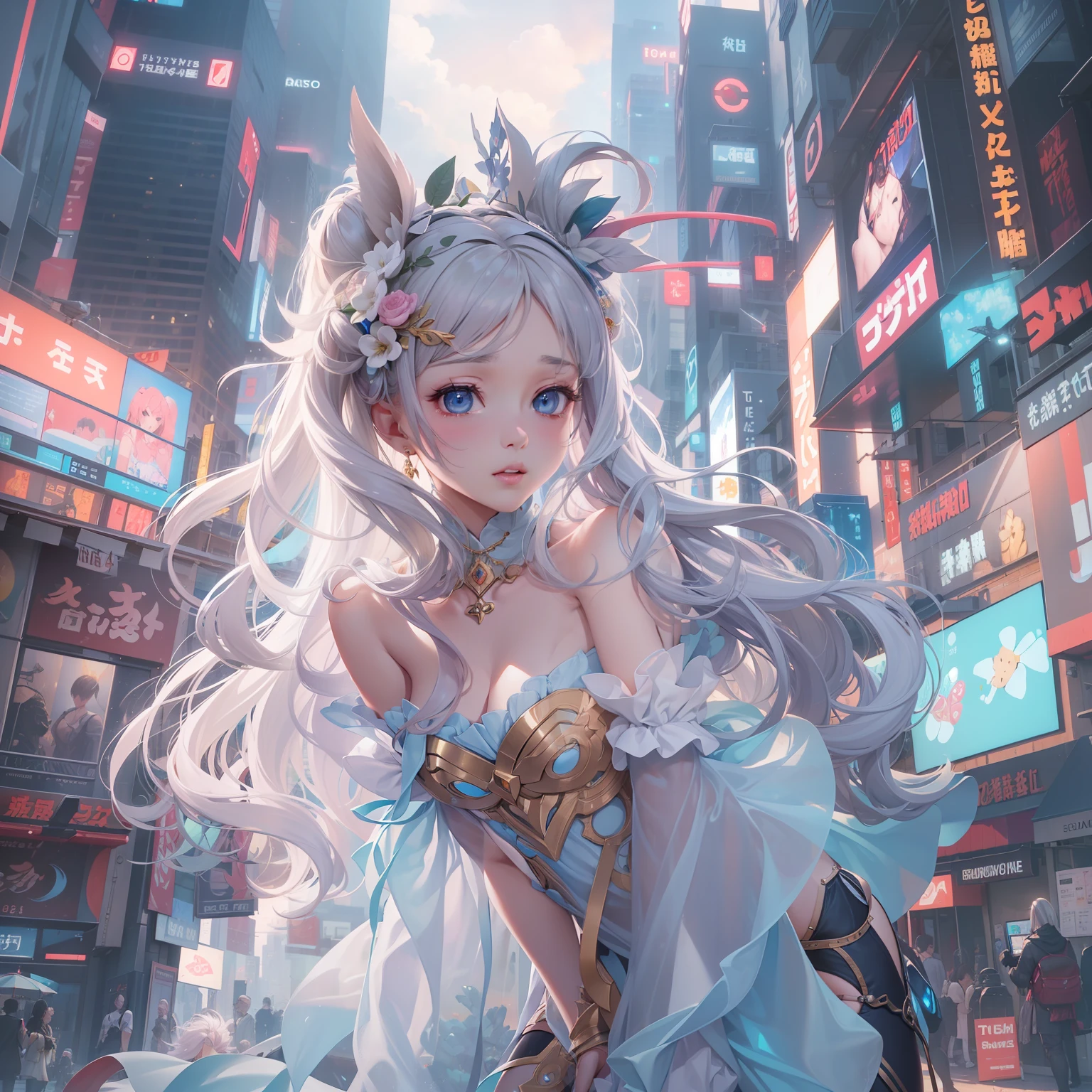(((masterpiece)))、(((top-quality)))、((ultra-definition))、(High Definition CG Illustration)、((extremely delicate and beautiful))、Cyber Girl Flying in the Sky、City of the Future、Cinematic Light、独奏、full body Esbian、cyberpunked、2040s、animesque、dreamy cyberpunk girl、rainbow hair、in renaissance style、Marie Antoinette style、trending on artstationh、Rachel Walker、