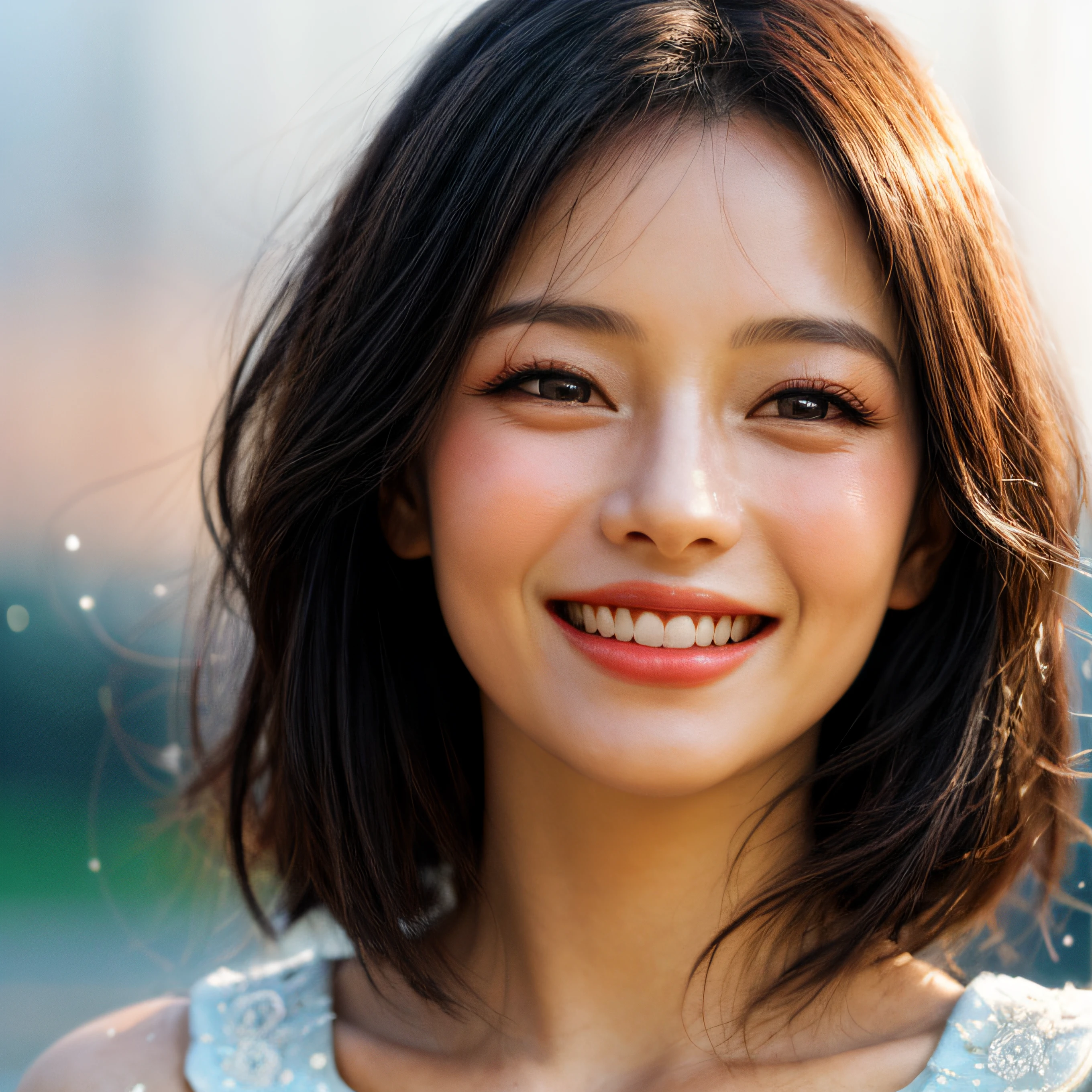 Close-up of faces,1 girls,happy laugh,Delicate face,Smooth skin,Elaborate Eyes, ( bokeh, Out of Focus, Soft Lighting, movie lighting, God Ray, UHD)