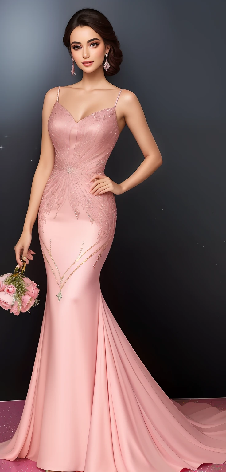 Uma modelo desfila com um vestido rosa com um tiable, vestido de sereia de glitter rosa, vestido vestido bonito vestido, vestido extravagante, em longos vestidos rosa ou violeta, vestido cintilante de diamante, vestido bonito, vestido deslumbrante, deslumbrante lindo, modelo de passarela glamourosa, alta moda! moda!, vestido de baile rosa brilhante, requintado e bonito, vestidos de noite elegantes!, vestido de fantasia