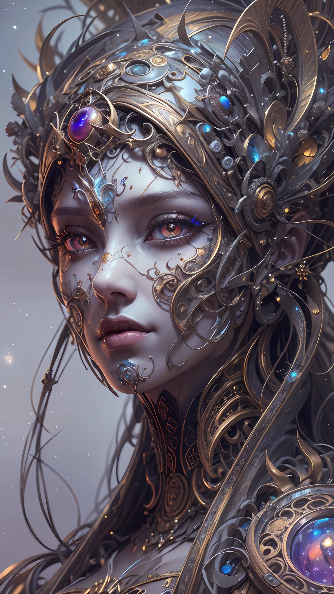 （best qualtiy，ultra - detailed，Most Best Illustration，Best shadow，tmasterpiece，A high resolution，professionalartwork，famousartwork），Detailed eyes，beautidful eyes，closeup cleavage，sci-fy，colored sclera，Robot eyes，face markings，Tattooed with，（fractalized，Fractal eyes），largeeyes，Wide eyes，（Eye focus），sface focus，Cosmic eyes，Space eyes，Close-up of metal sculpture of a woman with a moon in her hair，goddes。extremly high detail，3 d goddess portrait，Extremely detailed footage of the goddess，a stunning portrait of a goddess，Side image of the goddess，portrait of a beautiful goddess，Full body close-up portrait of the goddess，hecate goddess，portrait of a norse moon goddess，goddess of space and time