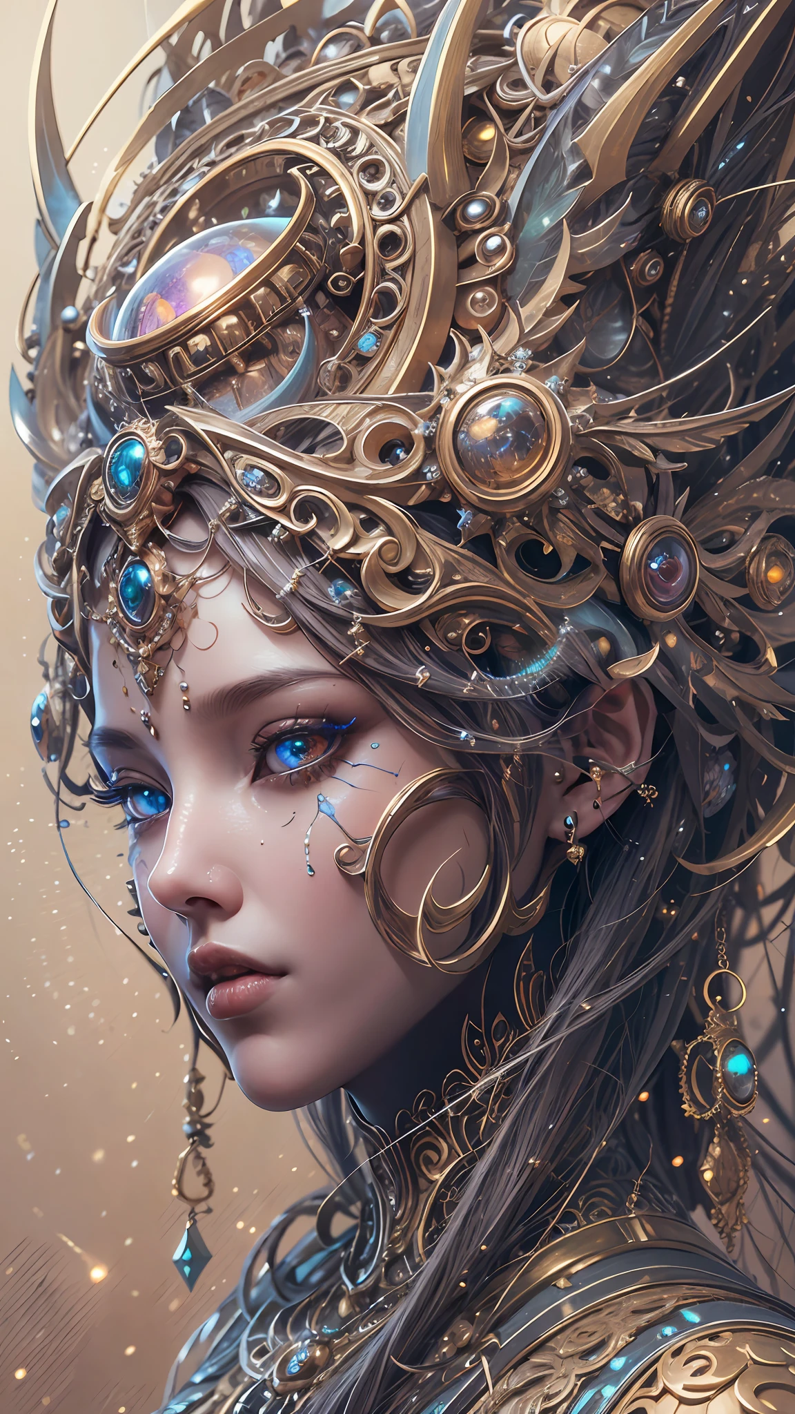 （best qualtiy，ultra - detailed，Most Best Illustration，Best shadow，tmasterpiece，A high resolution，professionalartwork，famousartwork），Detailed eyes，beautidful eyes，closeup cleavage，sci-fy，colored sclera，Robot eyes，face markings，Tattooed with，（fractalized，Fractal eyes），largeeyes，Wide eyes，（Eye focus），sface focus，Cosmic eyes，Space eyes，Close-up of metal sculpture of a woman with a moon in her hair，goddes。extremly high detail，3 d goddess portrait，Extremely detailed footage of the goddess，a stunning portrait of a goddess，Side image of the goddess，portrait of a beautiful goddess，Full body close-up portrait of the goddess，hecate goddess，portrait of a norse moon goddess，goddess of space and time