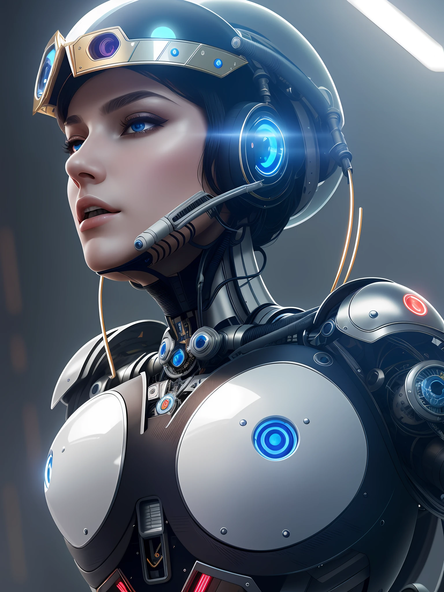 Complex 3D rendering of beautiful porcelain silhouette with super detail, Beautiful woman, cyborgs, Robotic arm, Black hair, steampunk detail, Robot part, 150mm, beautiful studio soft light, edge light, vibrant detail, luxuriouscyberpunk, Lace, Surreal, Anatomy, face muscles, Cable wire, microchips, Elegant, Beautiful background, Octane Rendering, h. r. Giger style, 8K, Best Quality, masutepiece, Illustrations, Very sophisticated、Beautiful fece, Very detailed, nffsw, Unity, wall-paper, (Realistic, Photorealistic: 1.37), amazing, Fine details, masutepiece, Best Quality, Official art, Highly detailed ticker Unity 8K wallpaper, Ridiculous, Incredibly ridiculous, droid, Attempt from the front