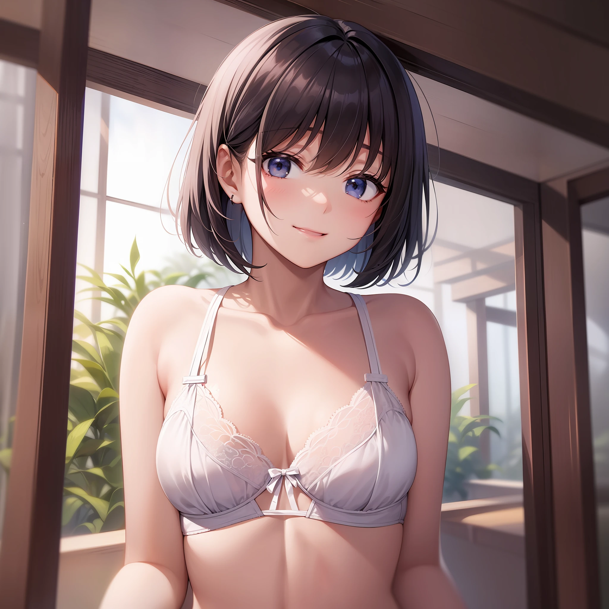 With the best image quality、age girl standing in room。In high resolution、Beautiful fine details、tranquil atmosphere。Black Hair Bob Hair、Cute smile.。(tiny chest)、Cute white bra、Wearing cute white panties。